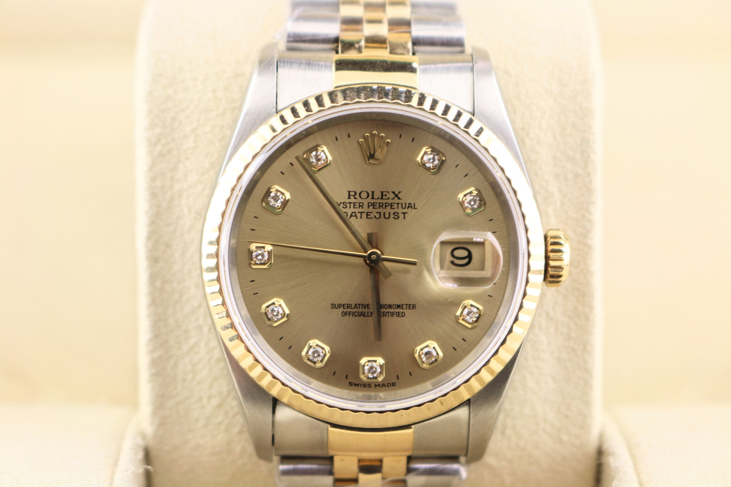 1996 Rolex Datejust 16233 Champagne Diamond Dial No Holes TT 18kt Jubilee 36mm