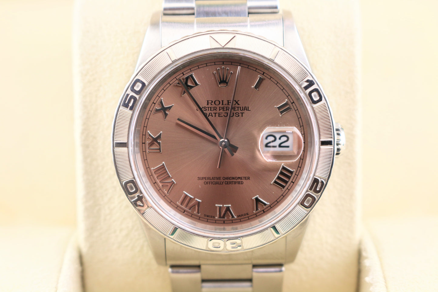 1999 Rolex Datejust Turnograph 16264 Pink Salmon Roman Dial SS Oyster 36mm