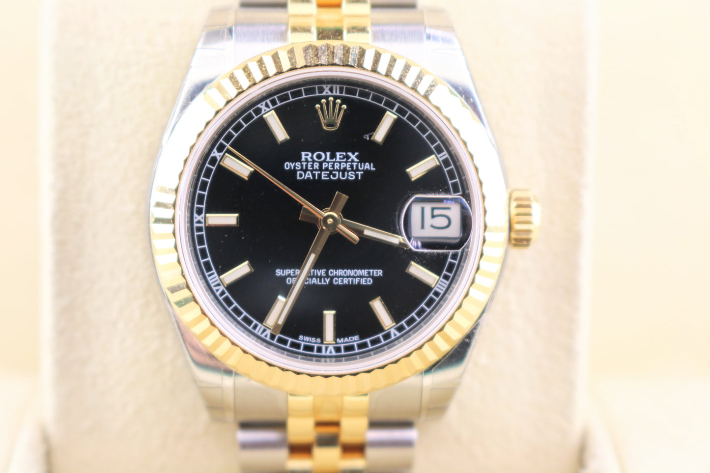 NOS 2013 Rolex Midsize Datejust 178273 Black Dial Stickered TT 18kt Jubilee 31mm