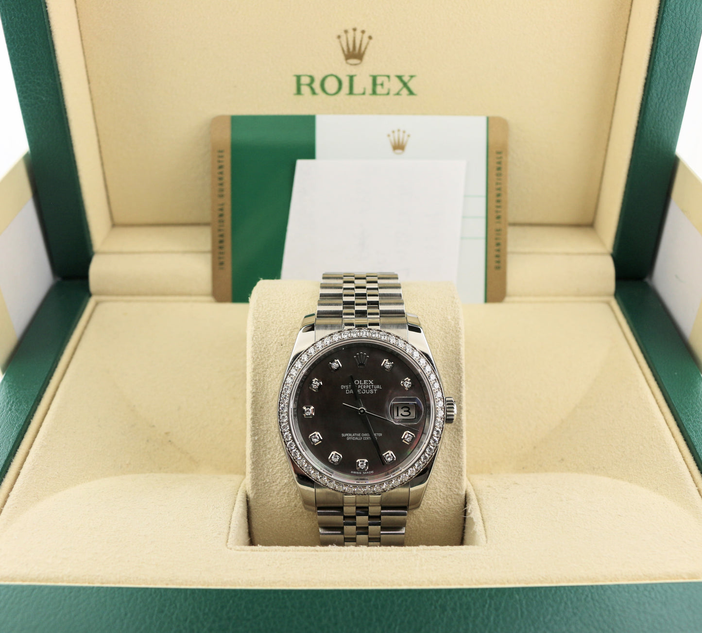2017 Rolex Datejust 116244 Black MOP Diamond + Bezel SS Jubilee With Papers 36mm