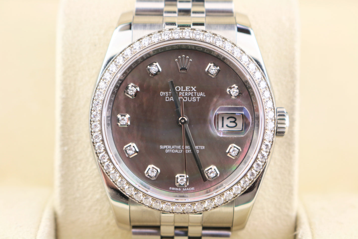 2017 Rolex Datejust 116244 Black MOP Diamond + Bezel SS Jubilee With Papers 36mm
