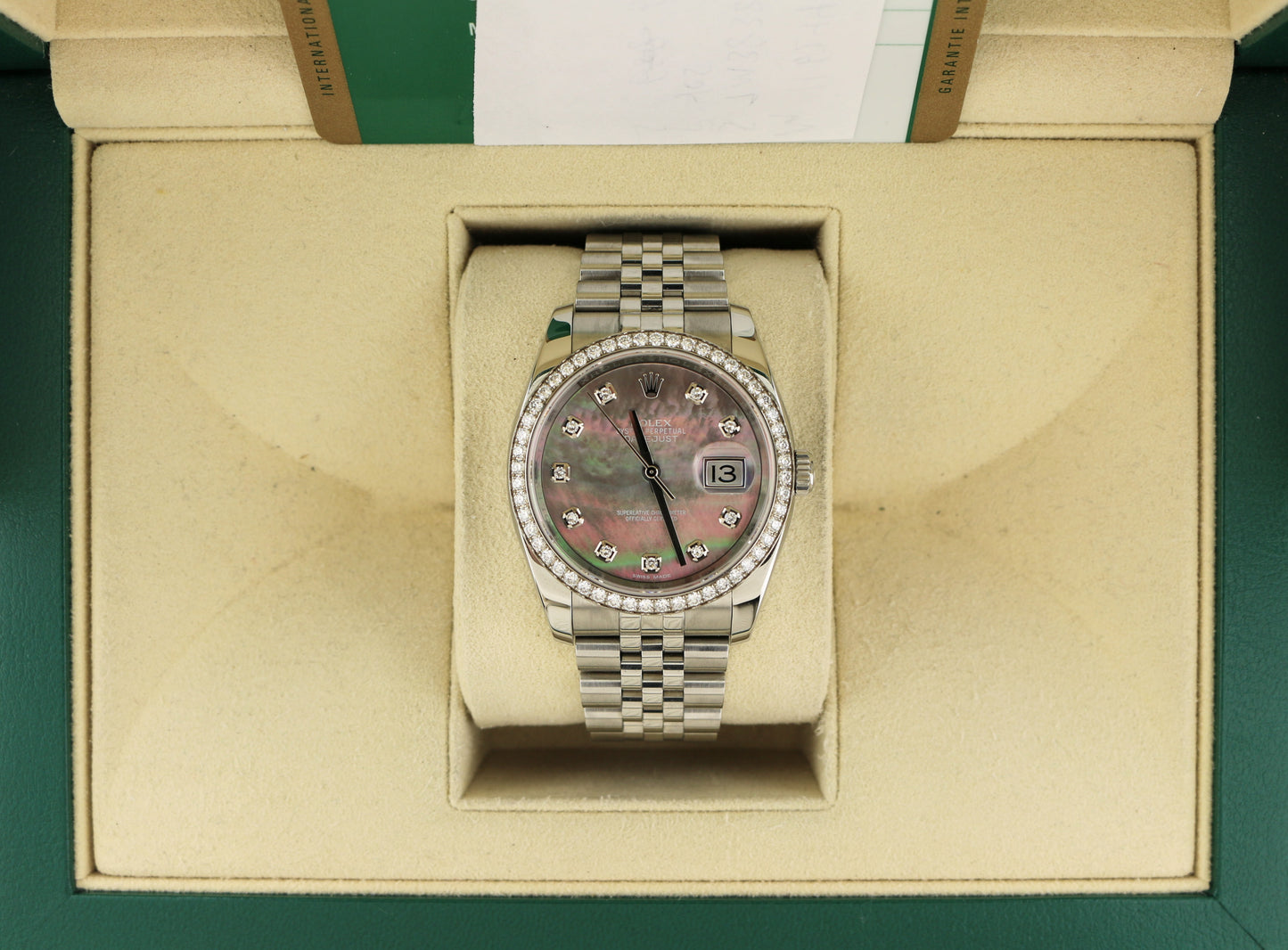 2017 Rolex Datejust 116244 Black MOP Diamond + Bezel SS Jubilee With Papers 36mm