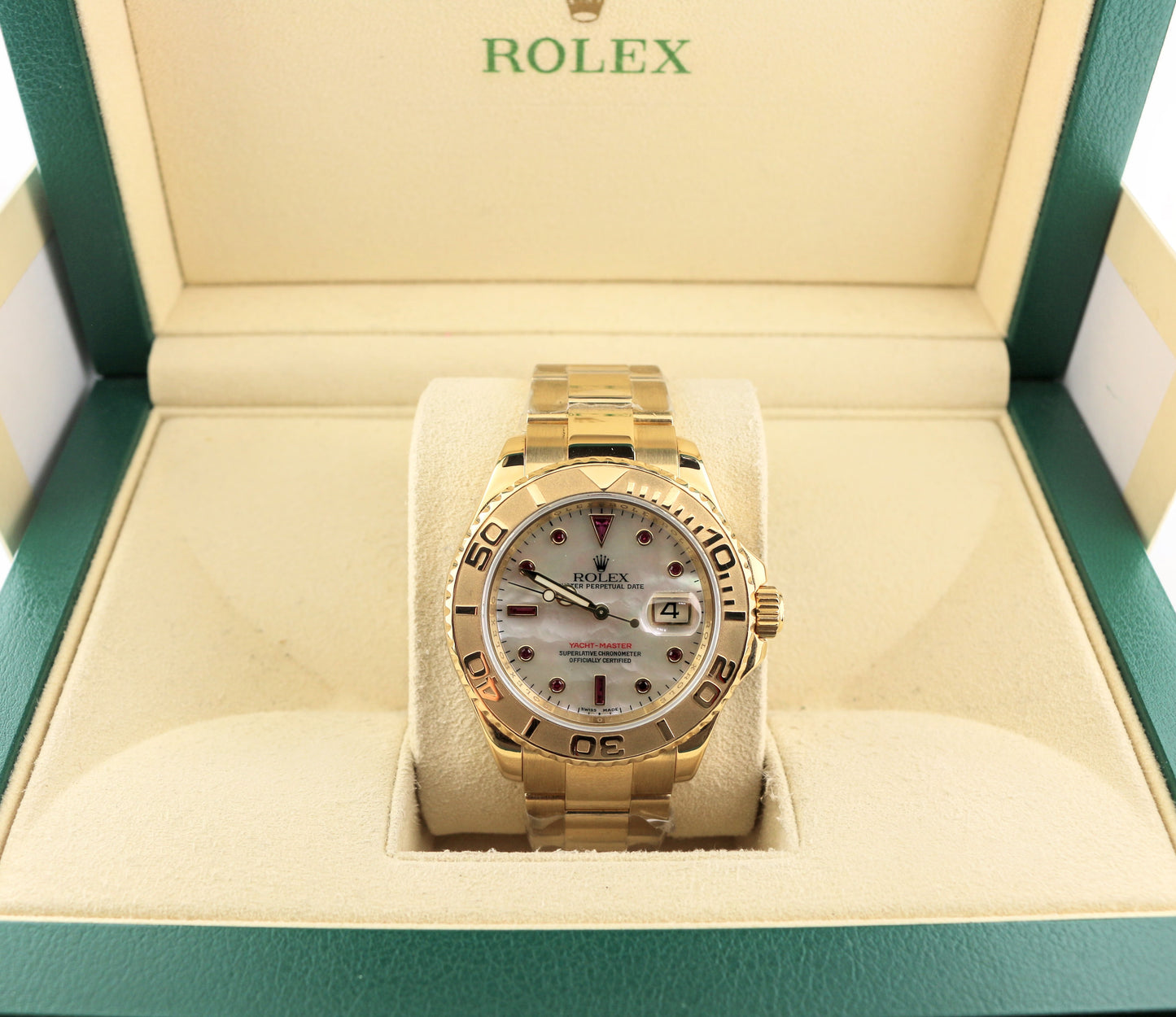 2008 Rolex Yacht-Master 16628 White MOP Ruby Dial Solid Gold 18kt Oyster 40mm