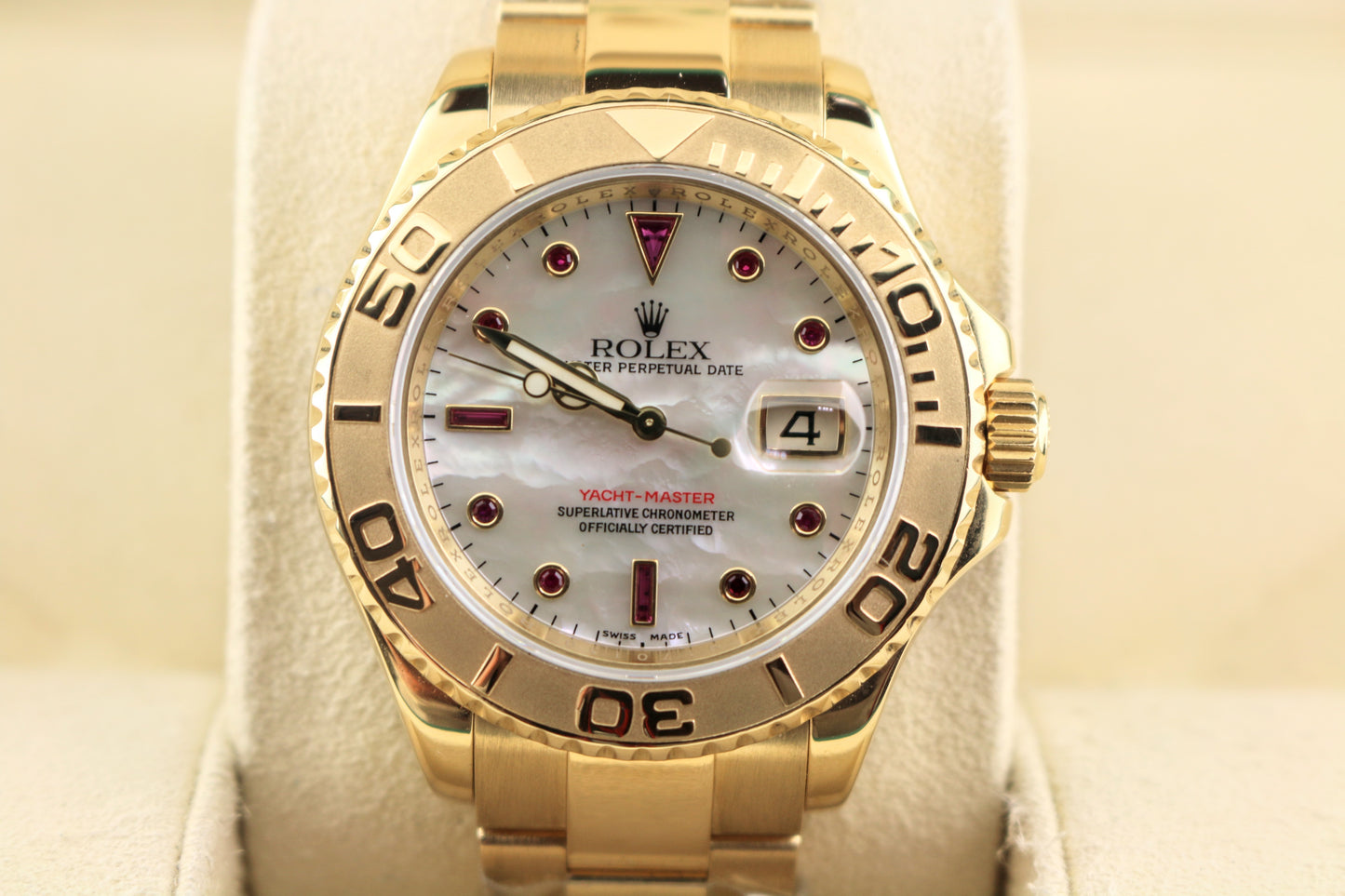 2008 Rolex Yacht-Master 16628 White MOP Ruby Dial Solid Gold 18kt Oyster 40mm