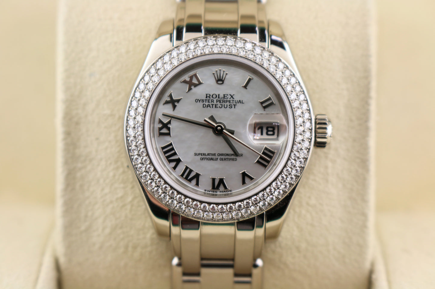 Rolex Datejust 80339 MOP Dial 2 Row Diam Bezel PearlMaster WG 18kt RSC 2022 29mm