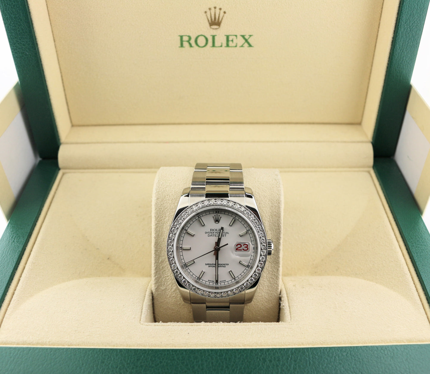 2009 Rolex Datejust 116200 White Dial Diamond Bezel Roulette SS Oyster 36mm