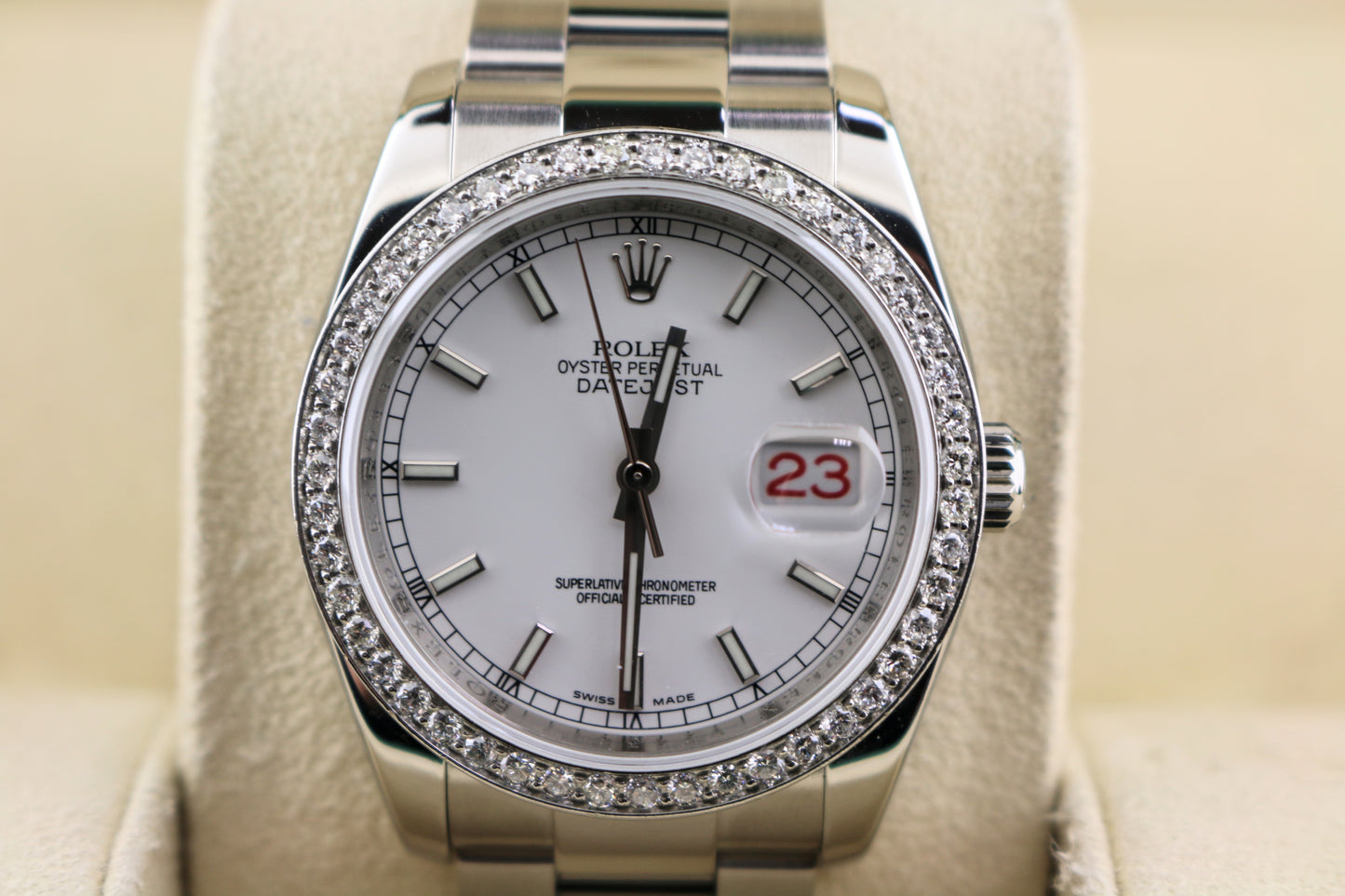 2009 Rolex Datejust 116200 White Dial Diamond Bezel Roulette SS Oyster 36mm