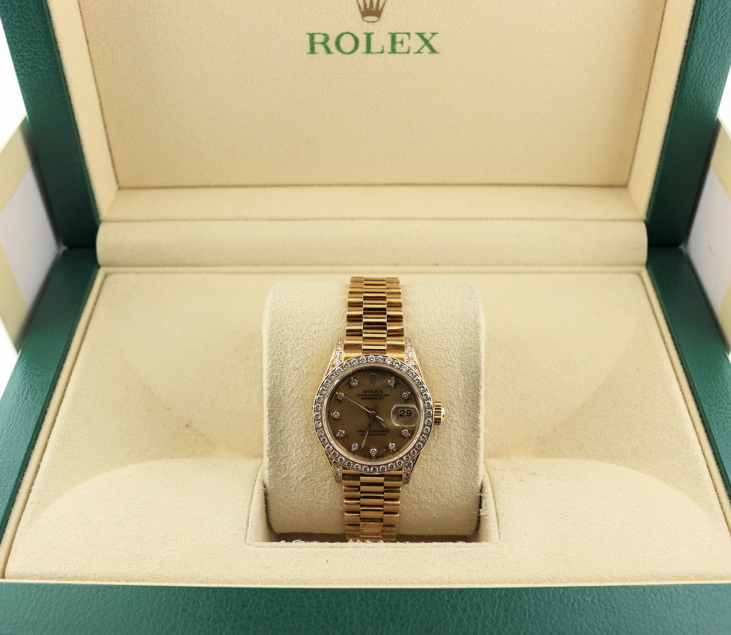 Rolex Ladies Datejust 69238 Champ Diamond Dial, Bezel lugs 18kt President 26mm