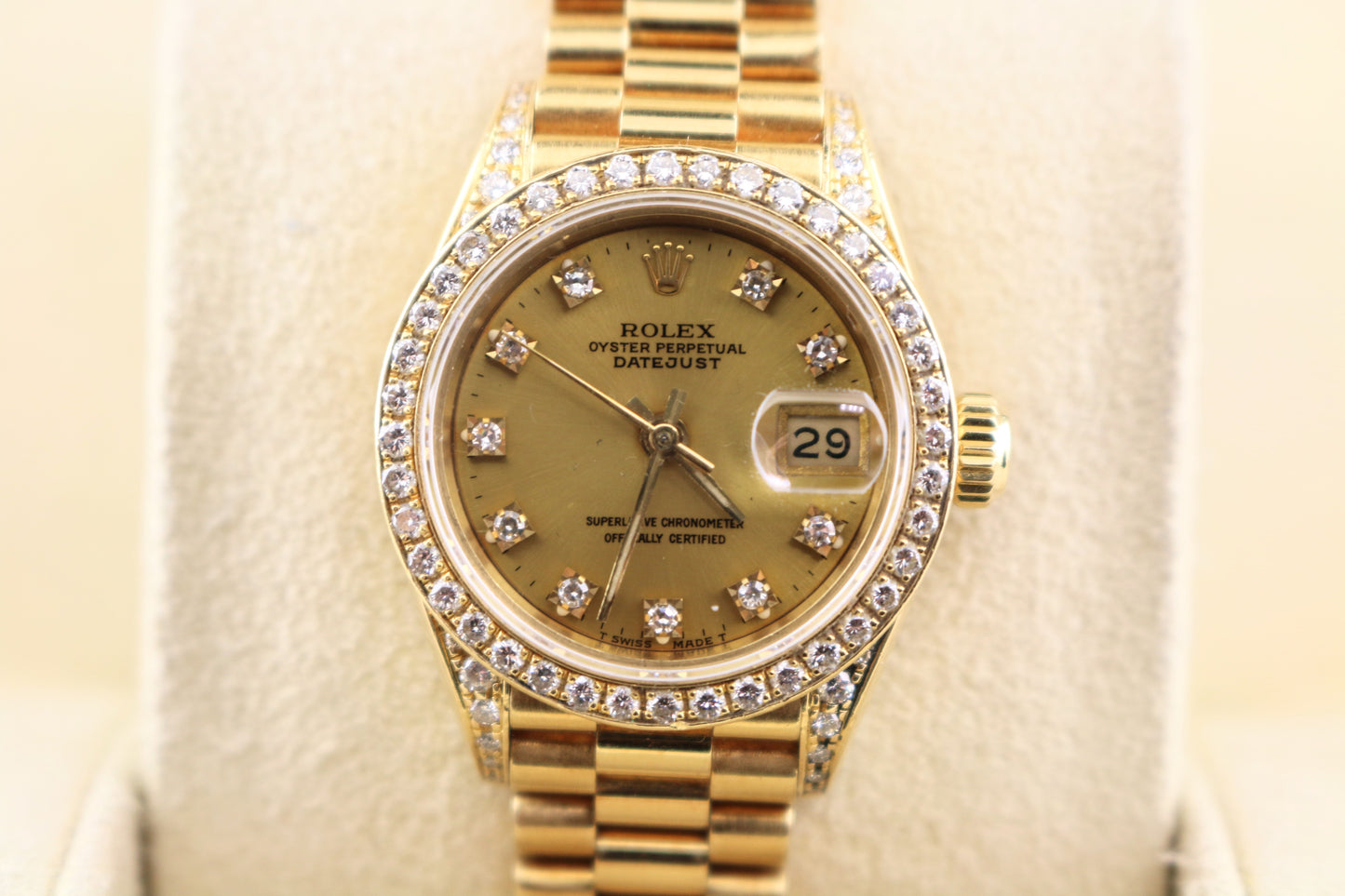 Rolex Ladies Datejust 69238 Champ Diamond Dial, Bezel lugs 18kt President 26mm