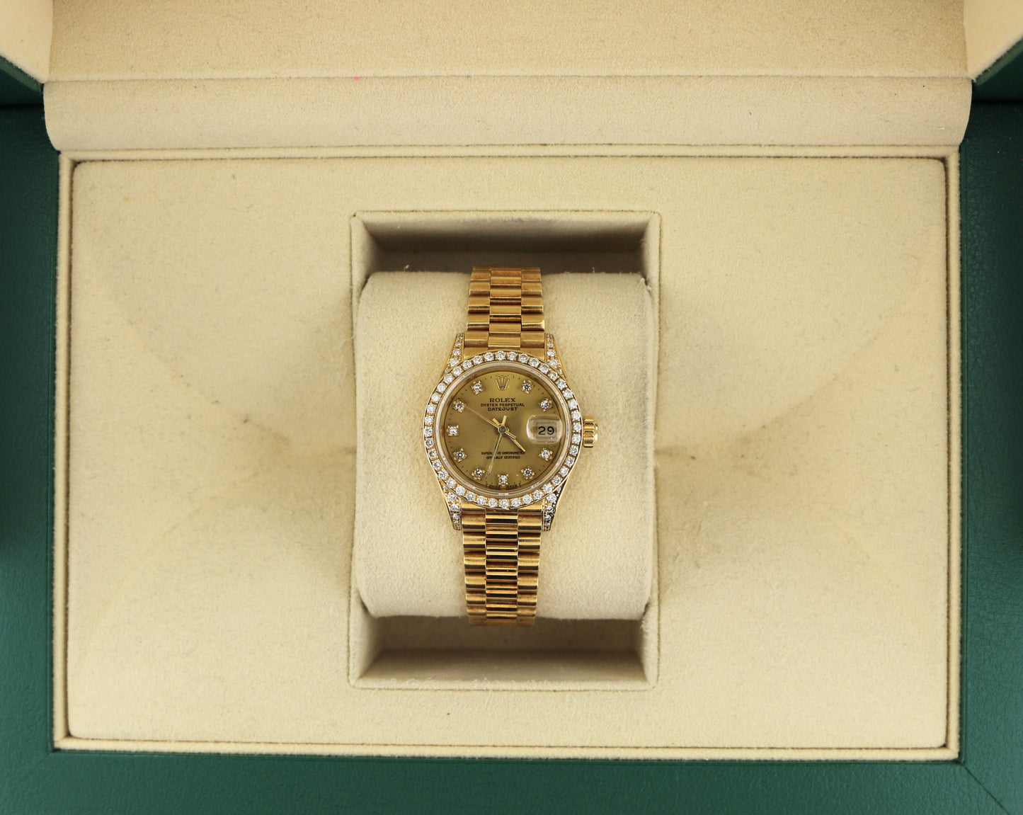 Rolex Ladies Datejust 69238 Champ Diamond Dial, Bezel lugs 18kt President 26mm