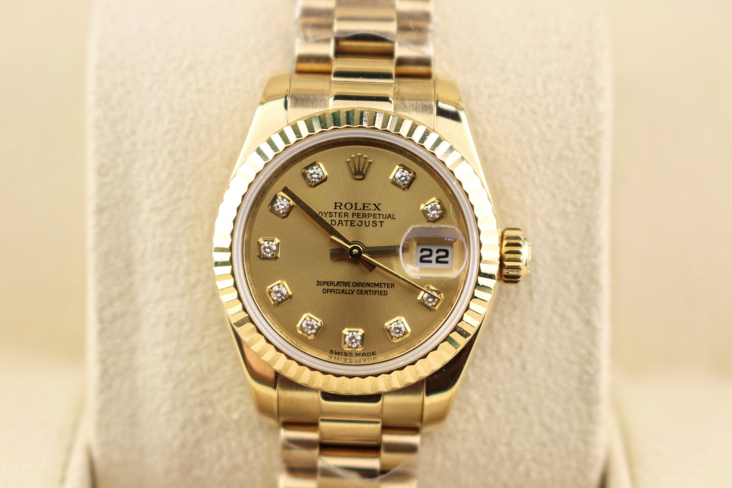 2010 Rolex Ladies Datejust 179138 Champagne Diamond Dial 18kt President 26mm