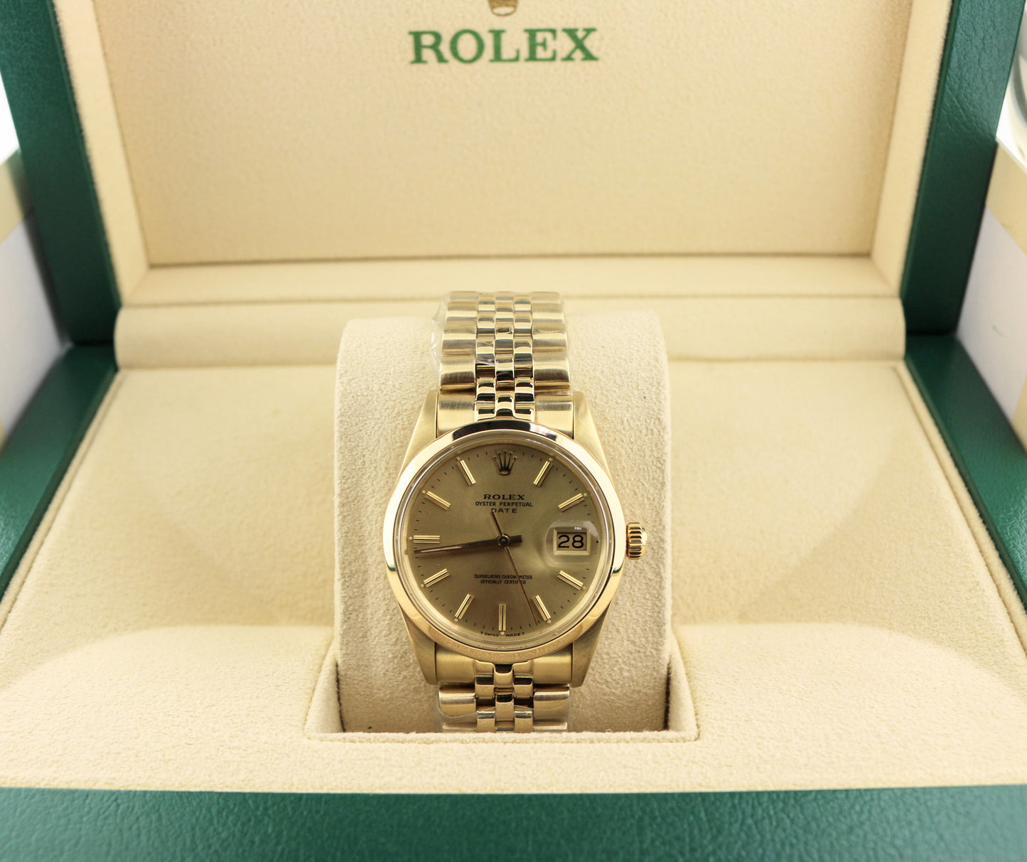 1986 Rolex Date 15007 Chevy Award Champagne Dial Solid Gold 14kt Jubilee 34mm