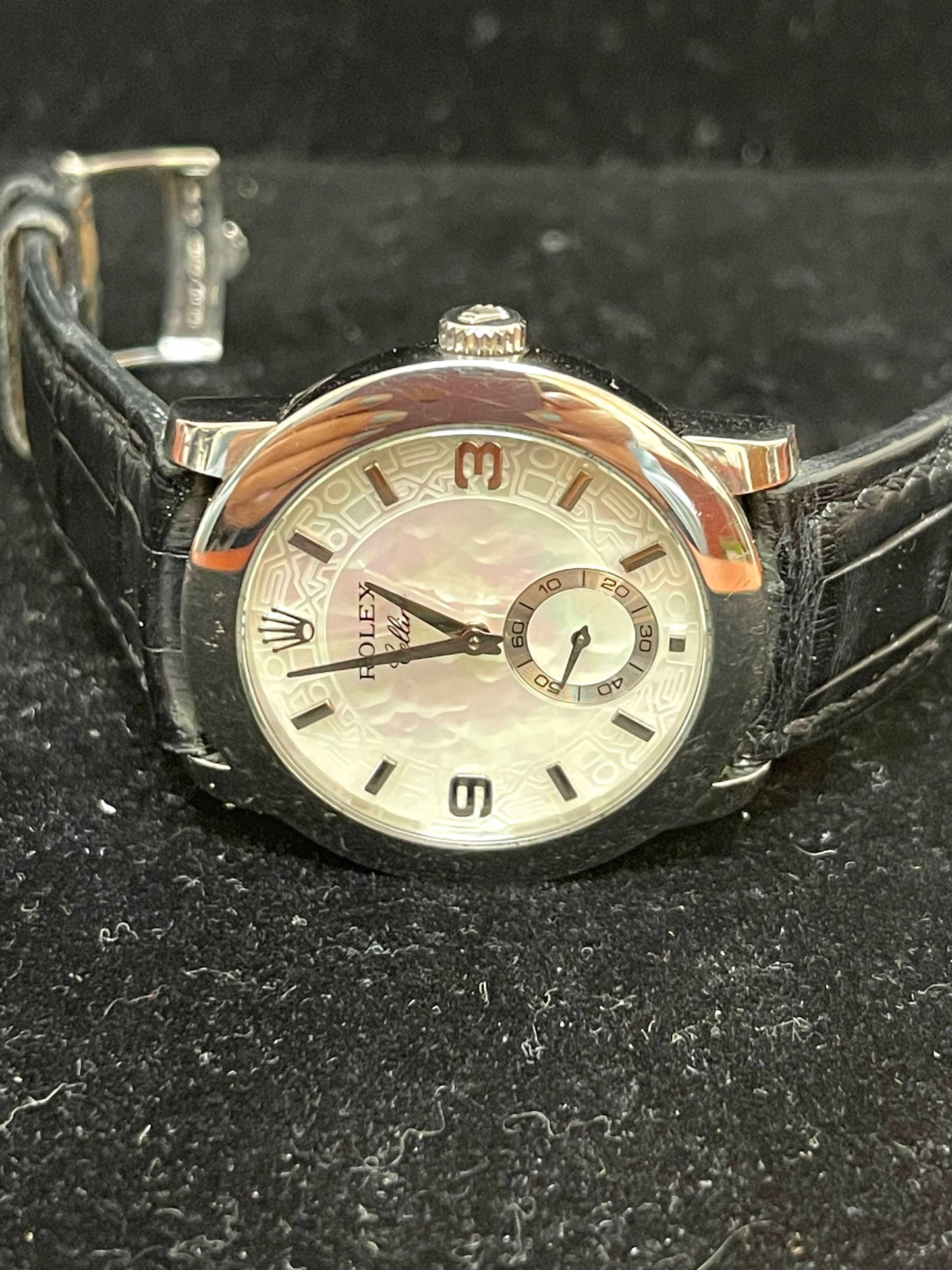 2001 Platinum Rolex Cellini Cellinium 5240 White Mop Factory Black Strap 35mm