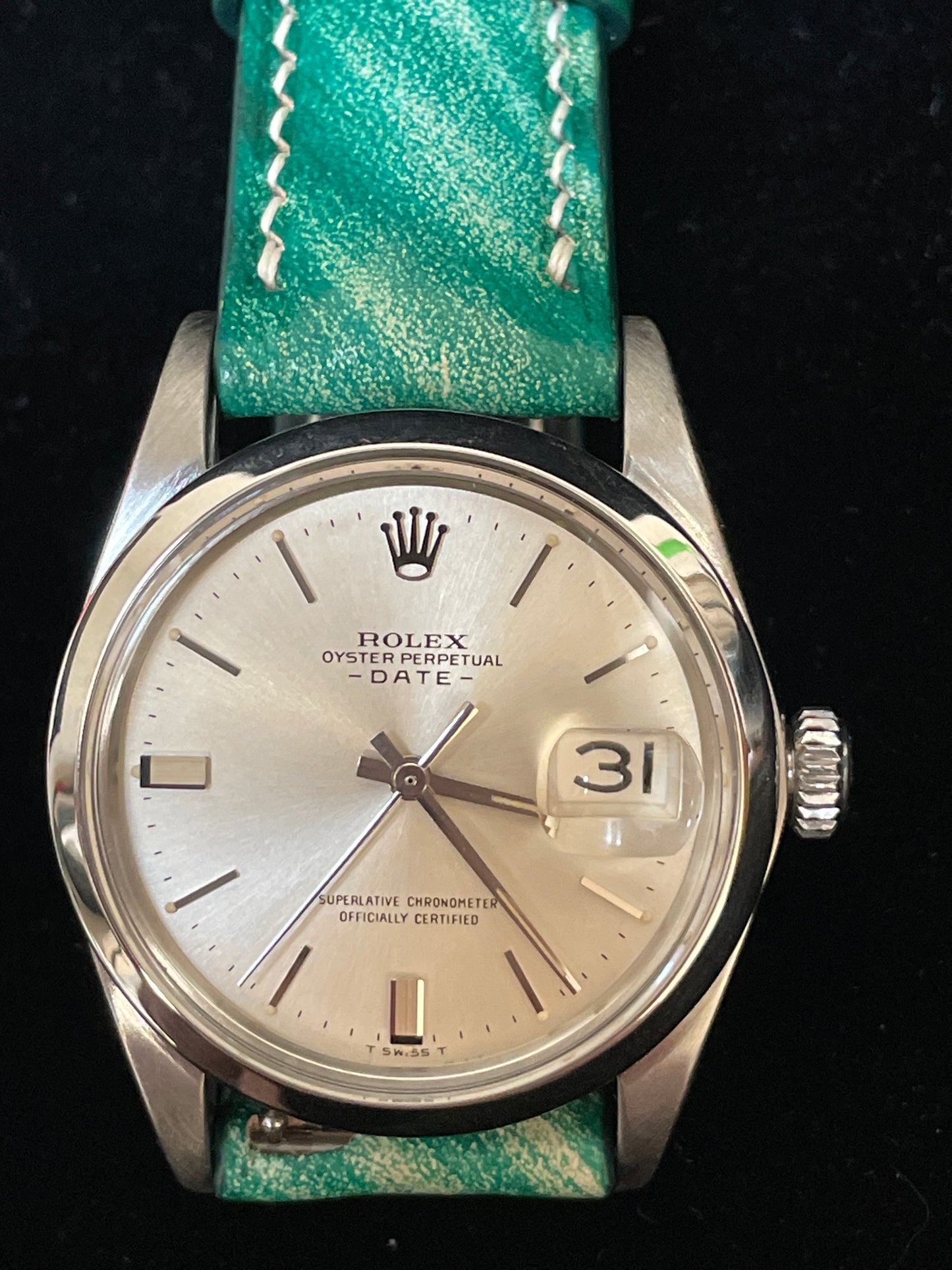 1963 Rolex Date 1500 Silver Dial Green Pattern Leather Strap No Papers 34mm