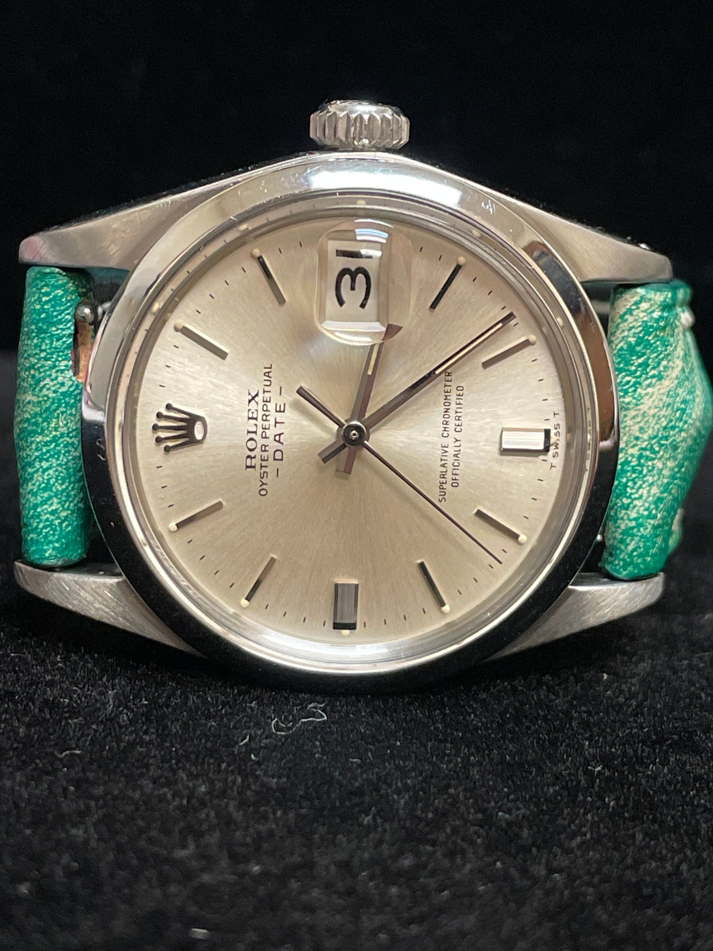 1963 Rolex Date 1500 Silver Dial Green Pattern Leather Strap No Papers 34mm