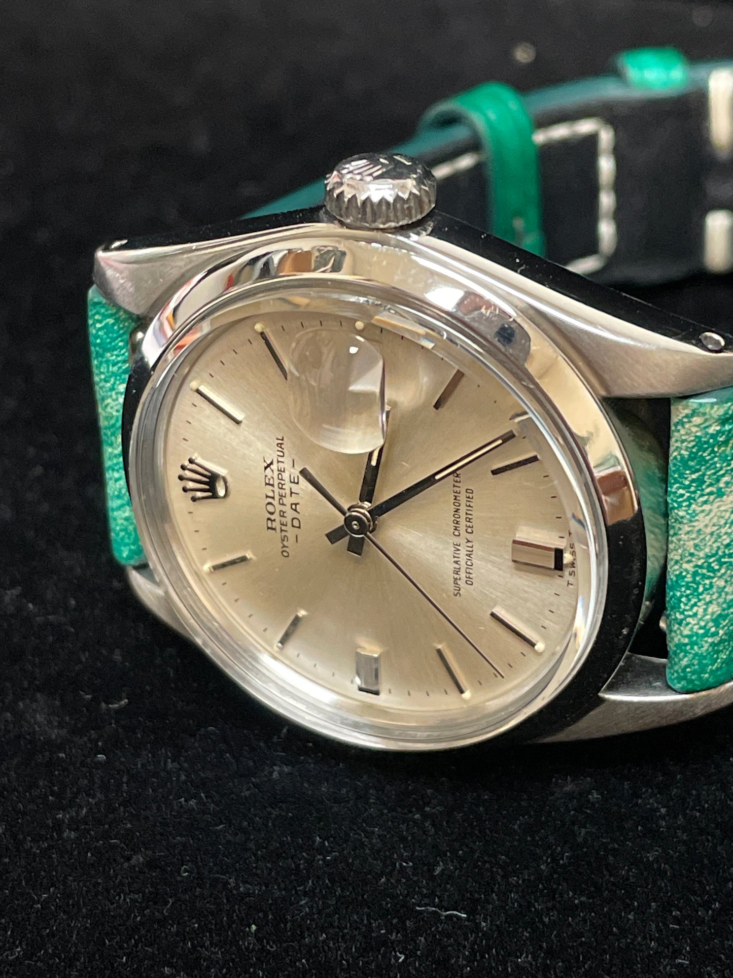 1963 Rolex Date 1500 Silver Dial Green Pattern Leather Strap No Papers 34mm