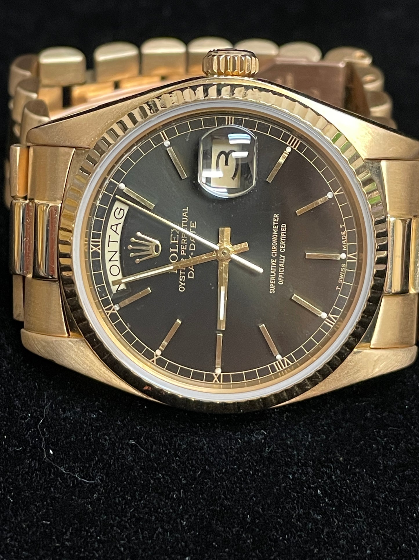 1979 Rolex Day-Date 18038 Black Dial German Day wheel 18kt President 36mm