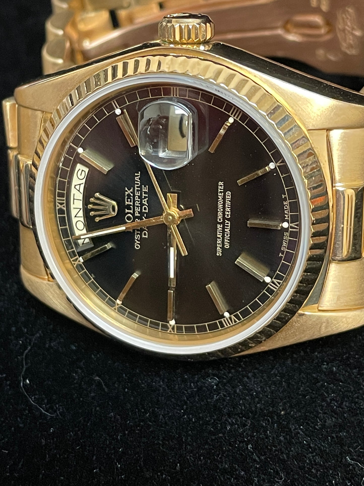 1979 Rolex Day-Date 18038 Black Dial German Day wheel 18kt President 36mm