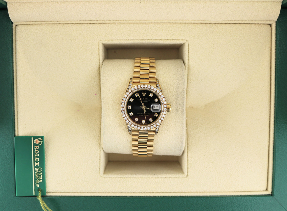 1990 Rolex Lady Datejust 69158 Black Diamond Dial Bezel and lugs President 26mm