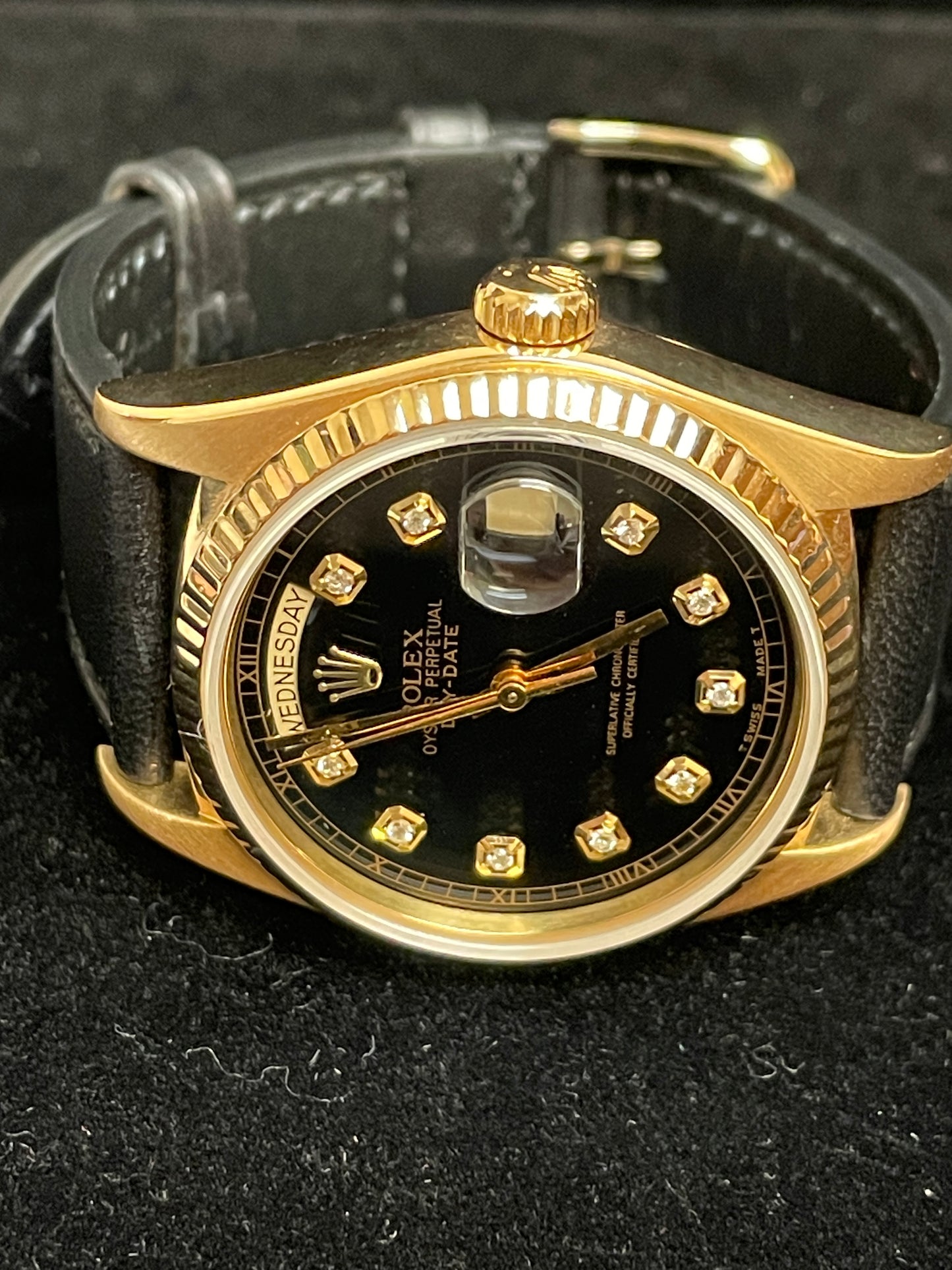 1987 Rolex Day-Date 18038 Black Diamond Black Leather Bracelet No Papers 36mm