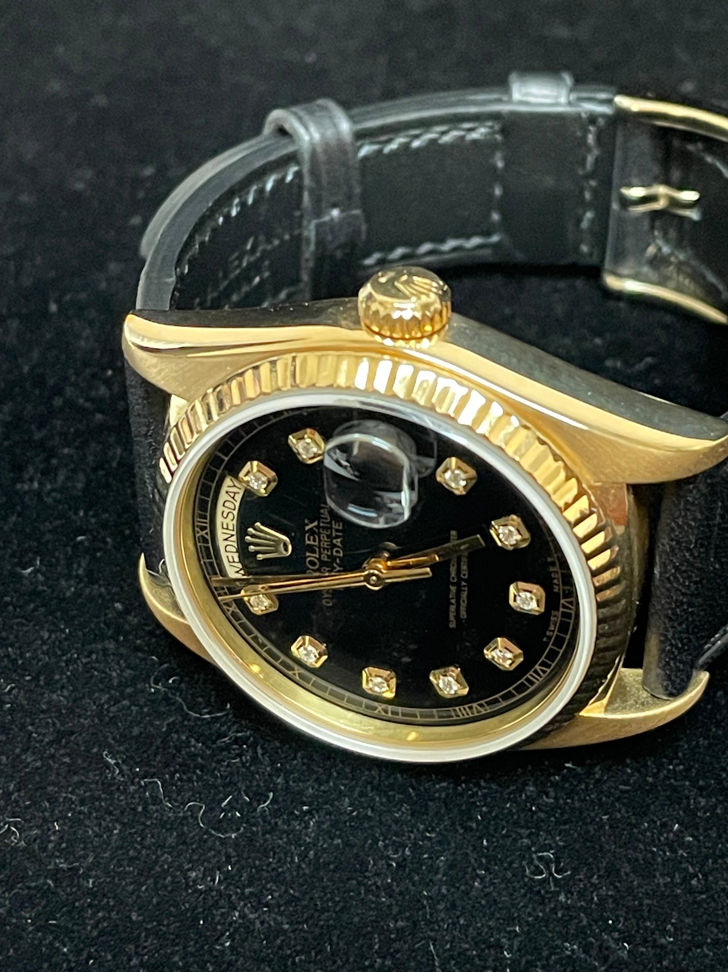 1987 Rolex Day-Date 18038 Black Diamond Black Leather Bracelet No Papers 36mm