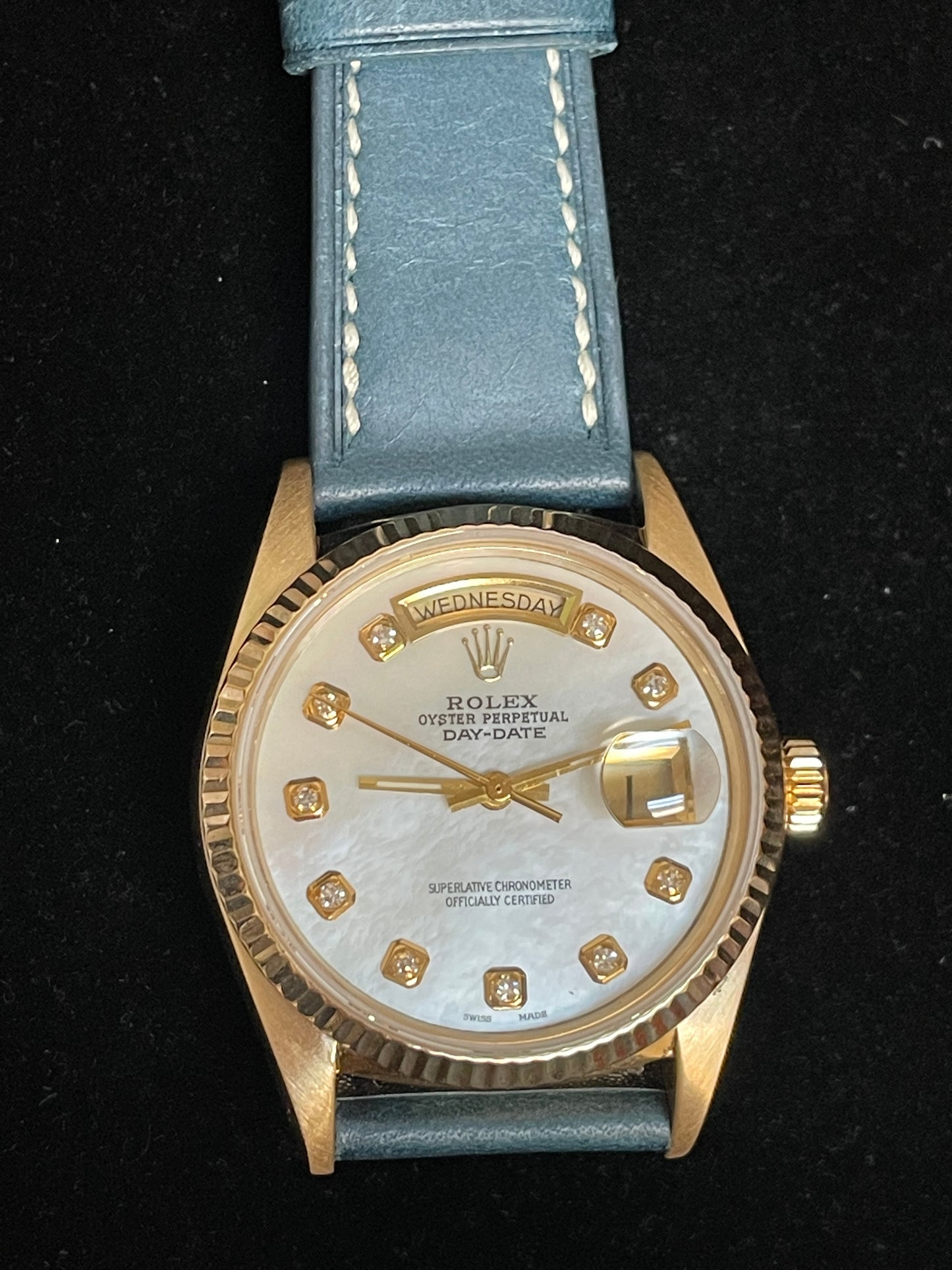 1985 Rolex Day-Date 18038 MOP Diamond Dial Blue Leather Bracelet No Papers 36mm