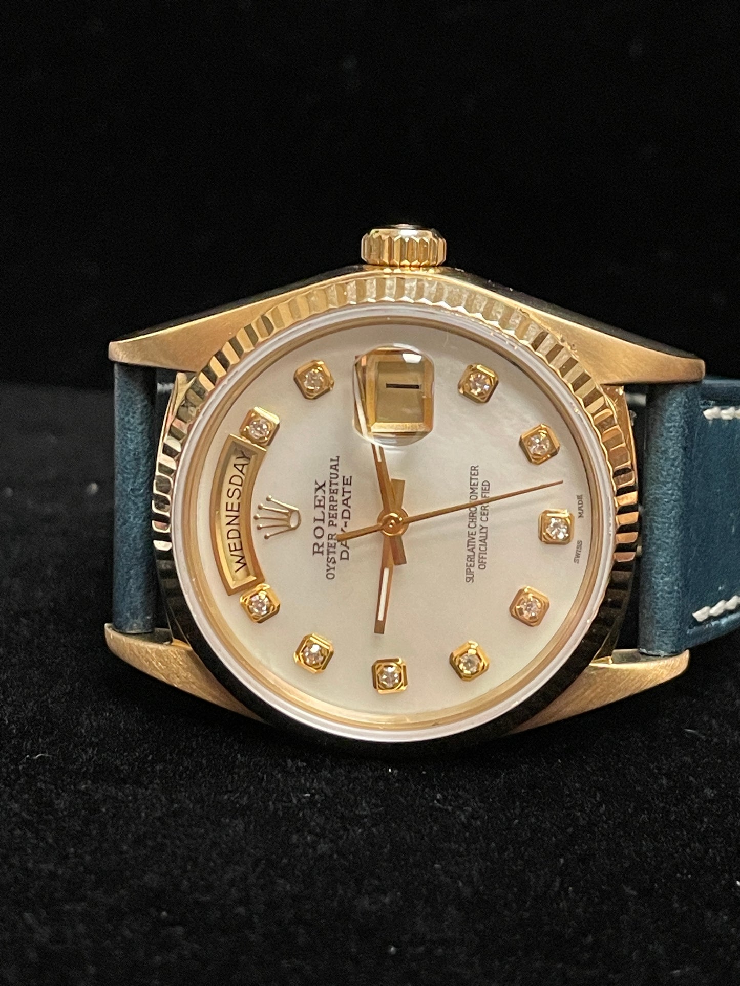 1985 Rolex Day-Date 18038 MOP Diamond Dial Blue Leather Bracelet No Papers 36mm