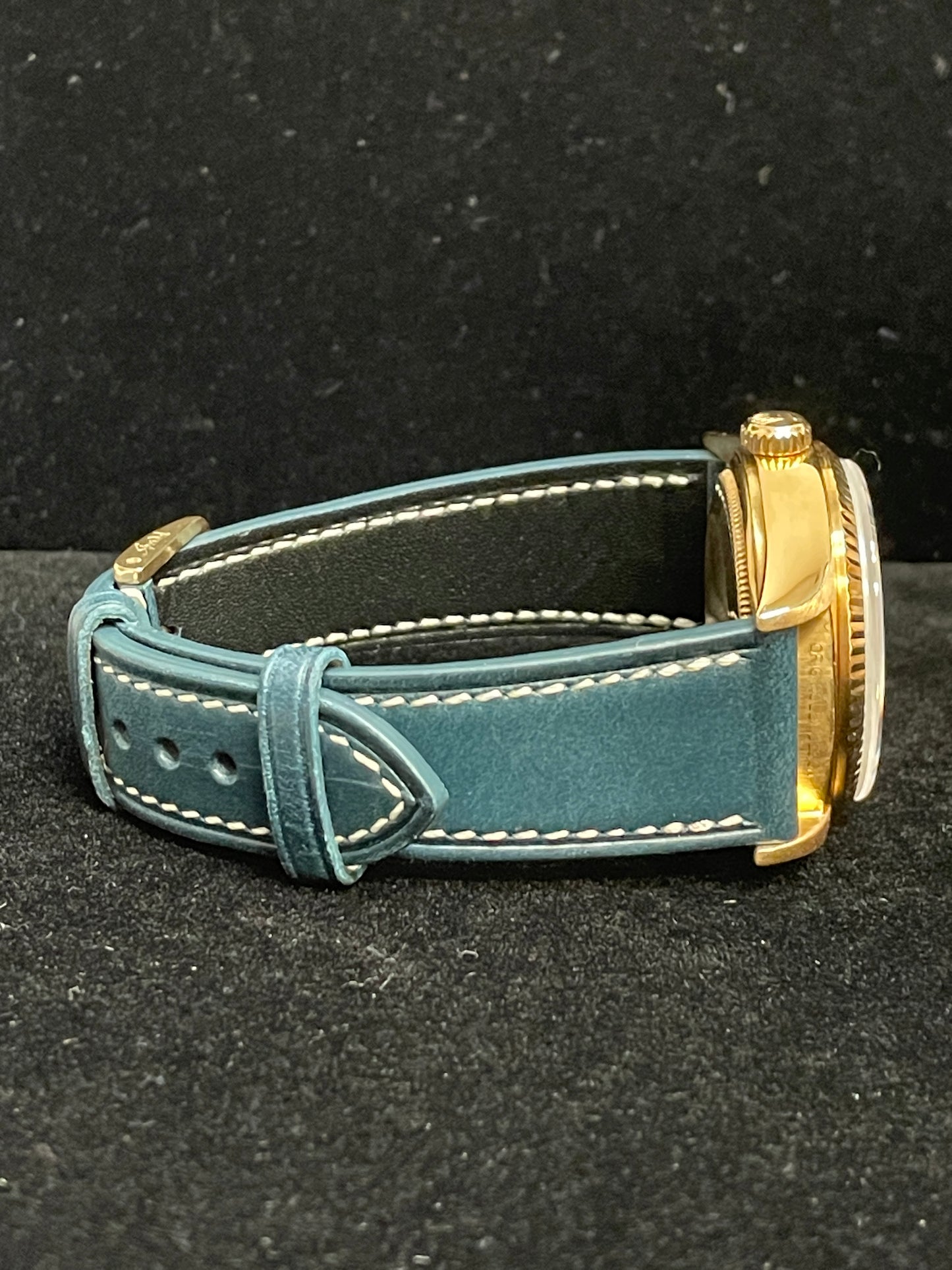 1985 Rolex Day-Date 18038 MOP Diamond Dial Blue Leather Bracelet No Papers 36mm