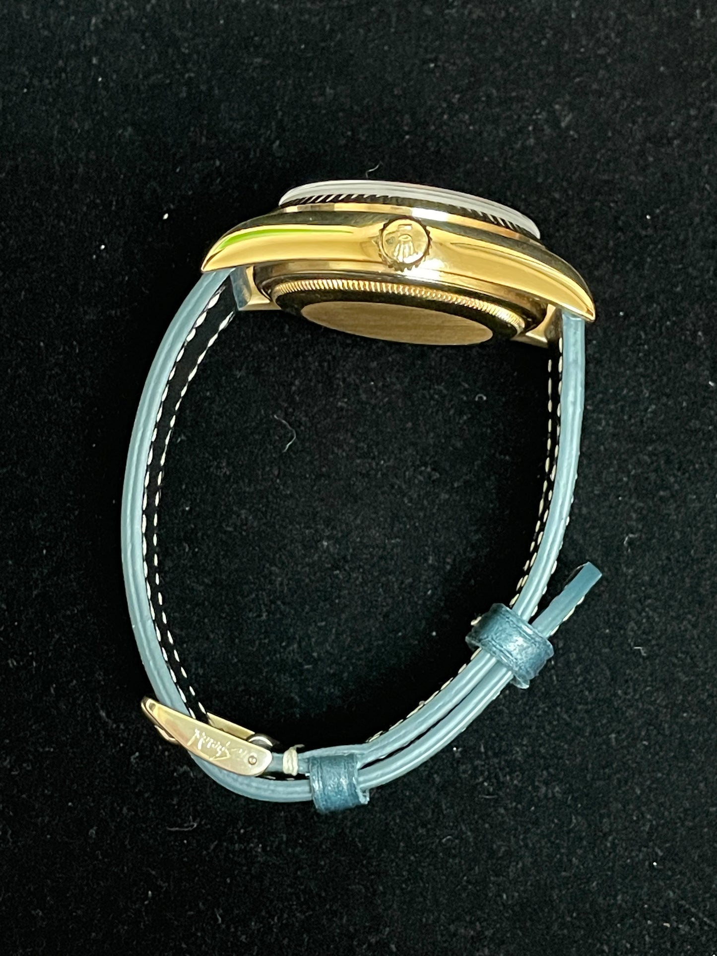 1985 Rolex Day-Date 18038 MOP Diamond Dial Blue Leather Bracelet No Papers 36mm