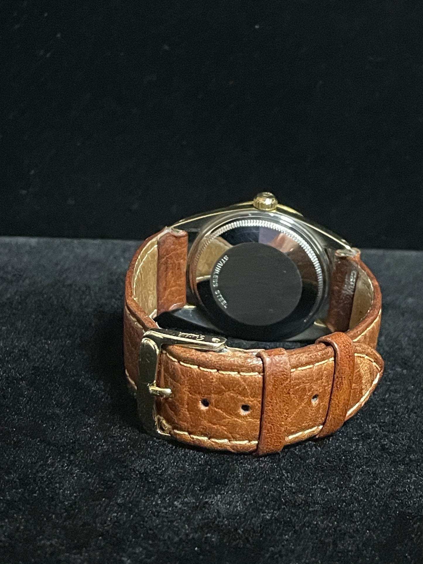 1984 Rolex Date 15505 Champagne Stick Gold Shell Brown Leather Strap 34mm
