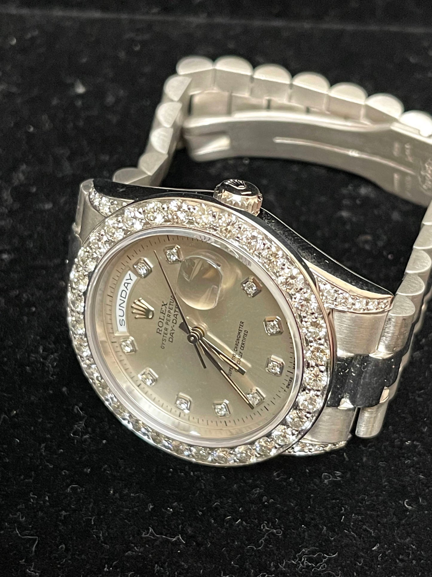 Rolex 1995 Day-Date 18296 Platinum Diamond Dial Bezel Factory Diamond Lugs 36mm