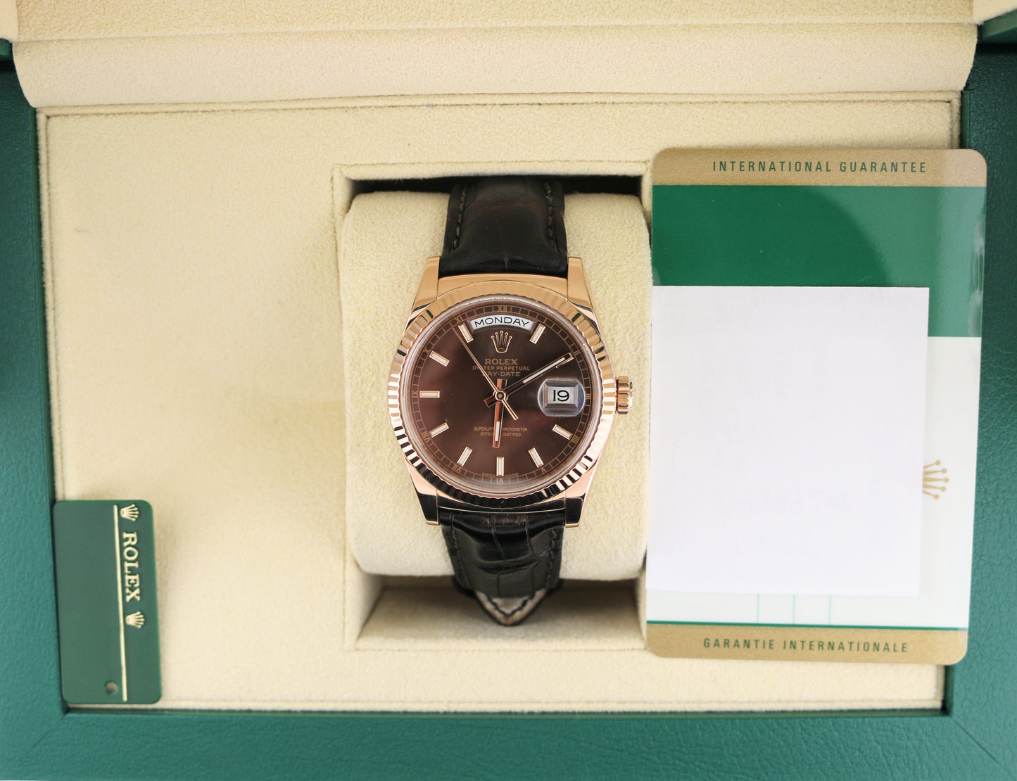 2015 Rolex Day-Date 118135 Chocolate Dial 18kt RG Leather Strap With Papers 36mm