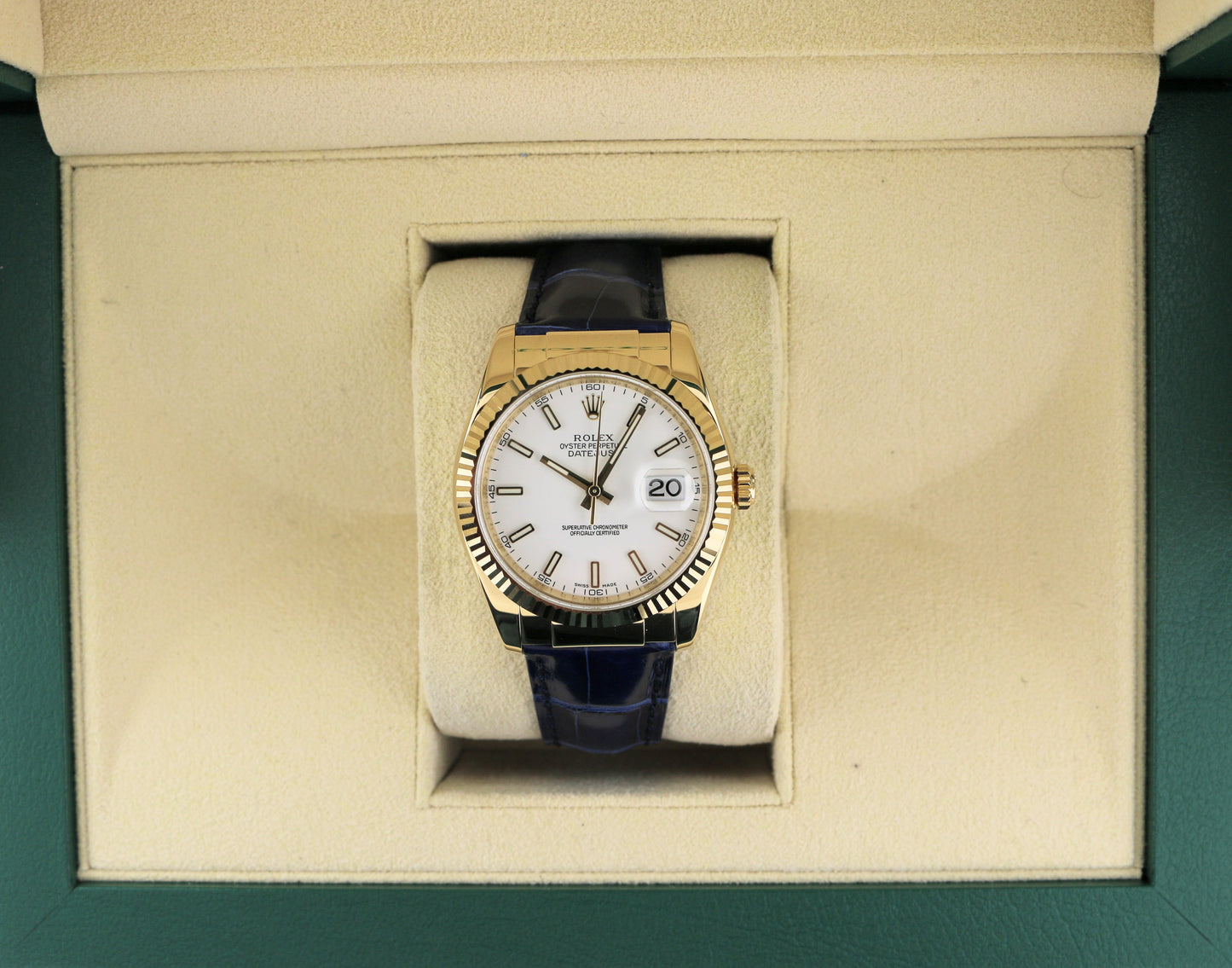 2006 Rolex Datejust 116138 White Dial Blue Leather Strap 18kt YG No Papers 36mm