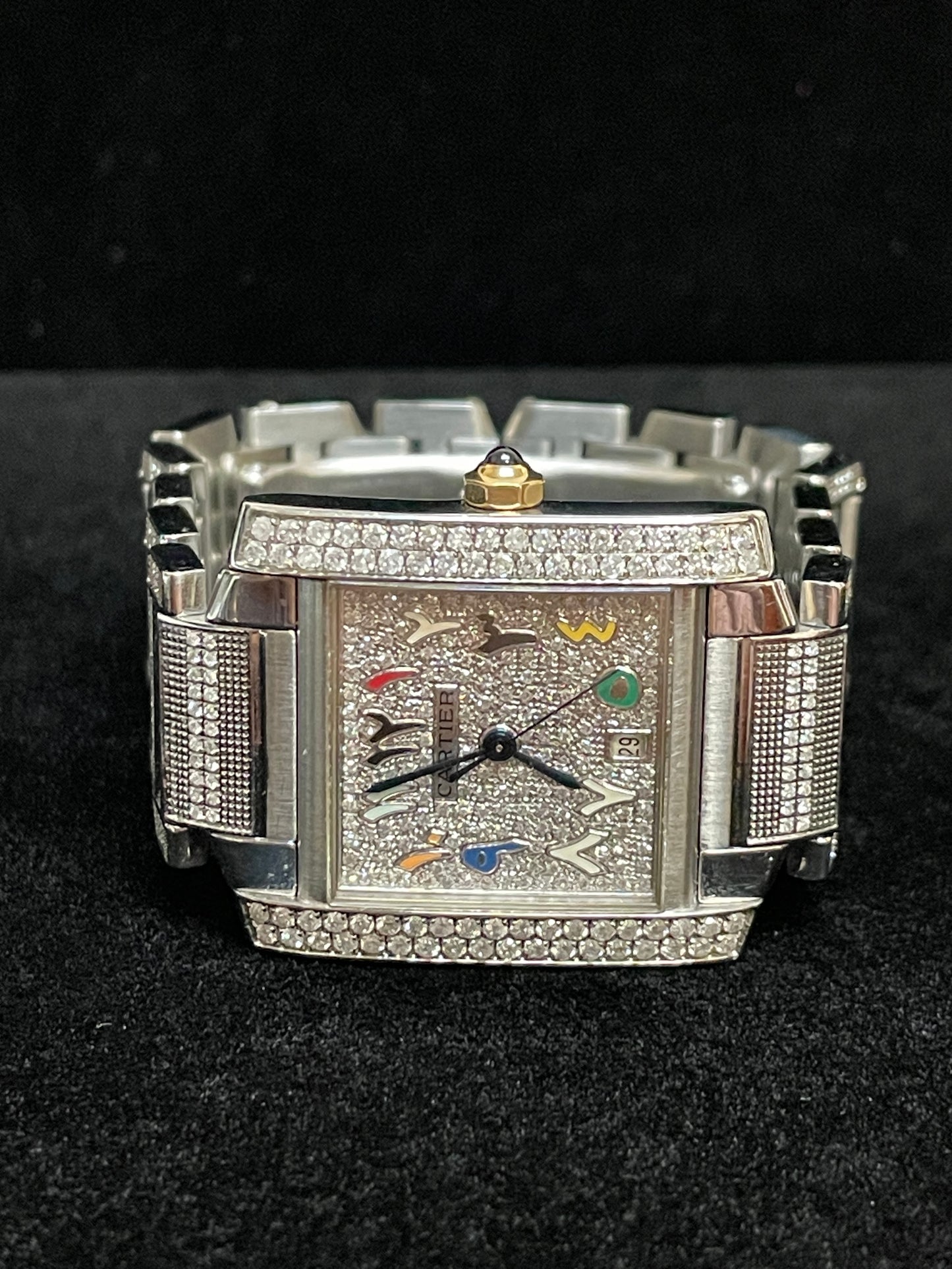 Cartier Tank 2302 Pave Arabic Rainbow Diamond Dial SS Diamond bracelet 28x32mm