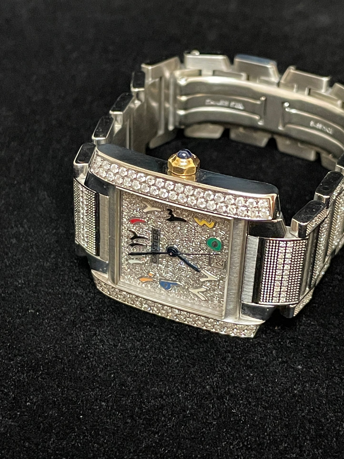 Cartier Tank 2302 Pave Arabic Rainbow Diamond Dial SS Diamond bracelet 28x32mm