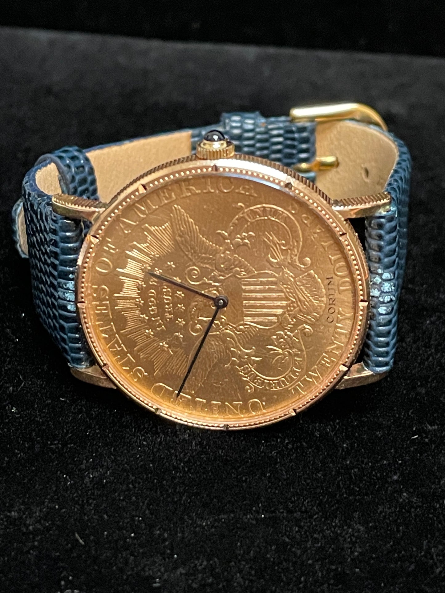 Corum Mens Double Eagle $20 Coin Quartz Yellow Gold Blue Leather Strap 35mm