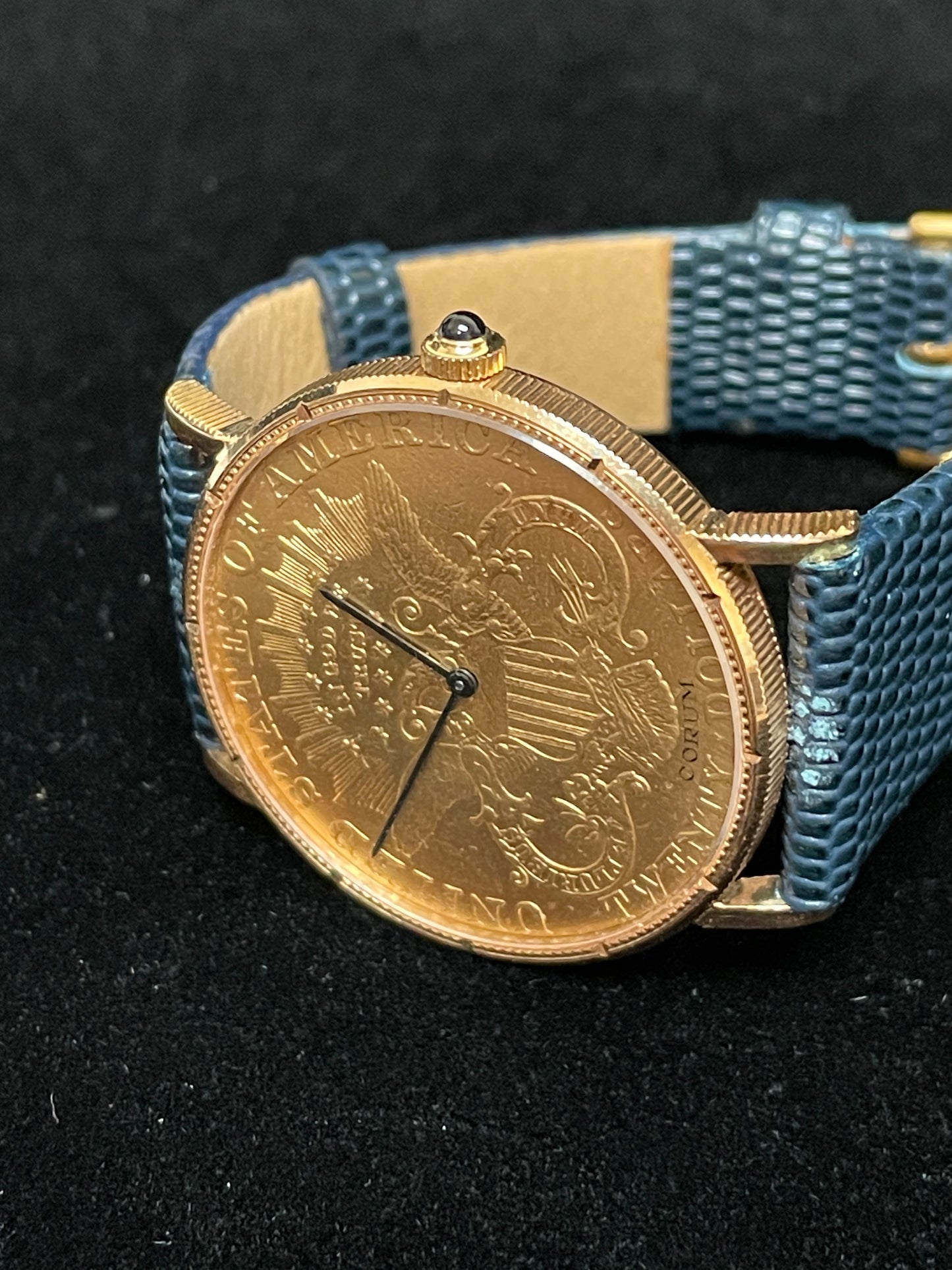 Corum Mens Double Eagle $20 Coin Quartz Yellow Gold Blue Leather Strap 35mm