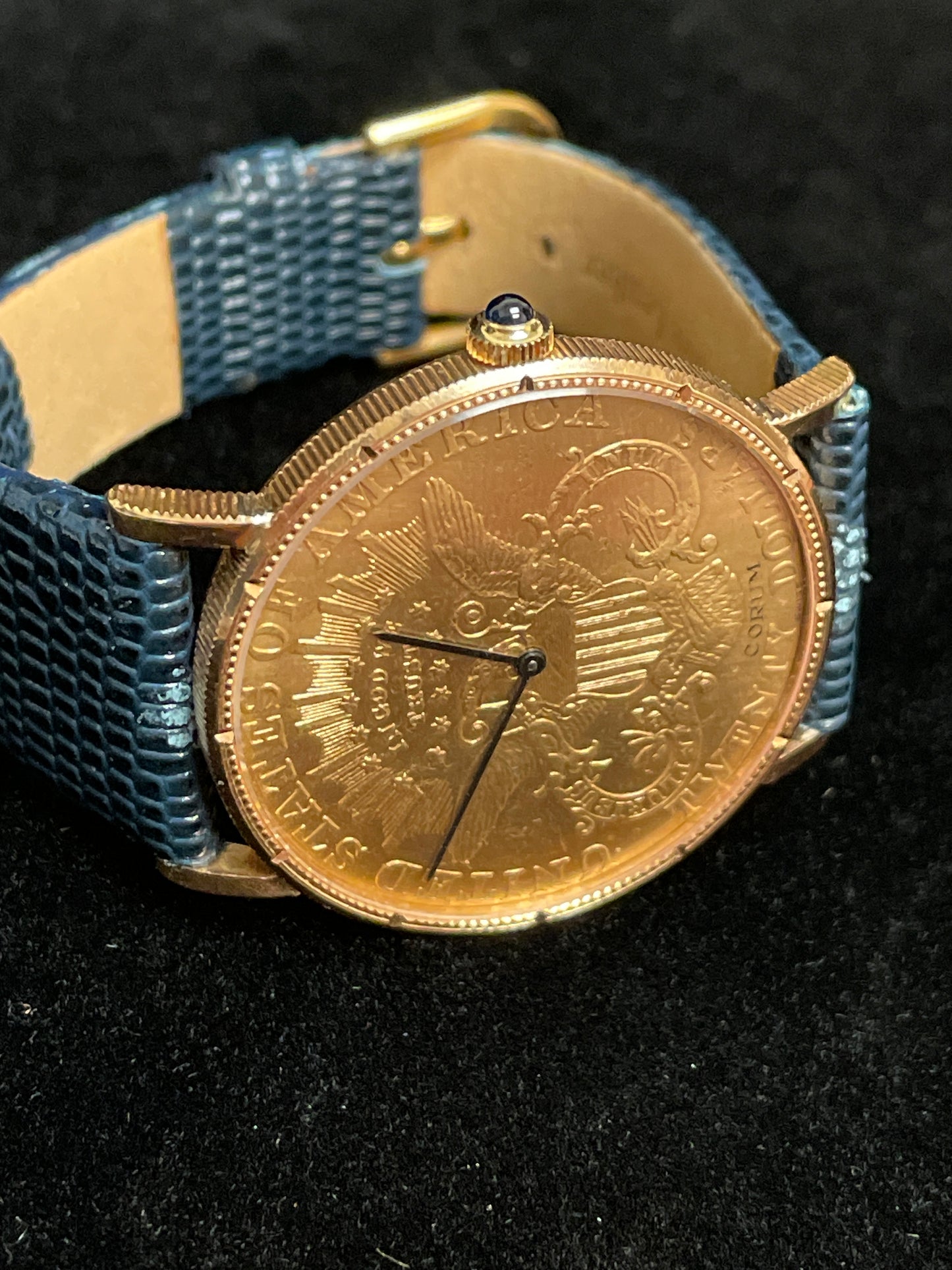 Corum Mens Double Eagle $20 Coin Quartz Yellow Gold Blue Leather Strap 35mm