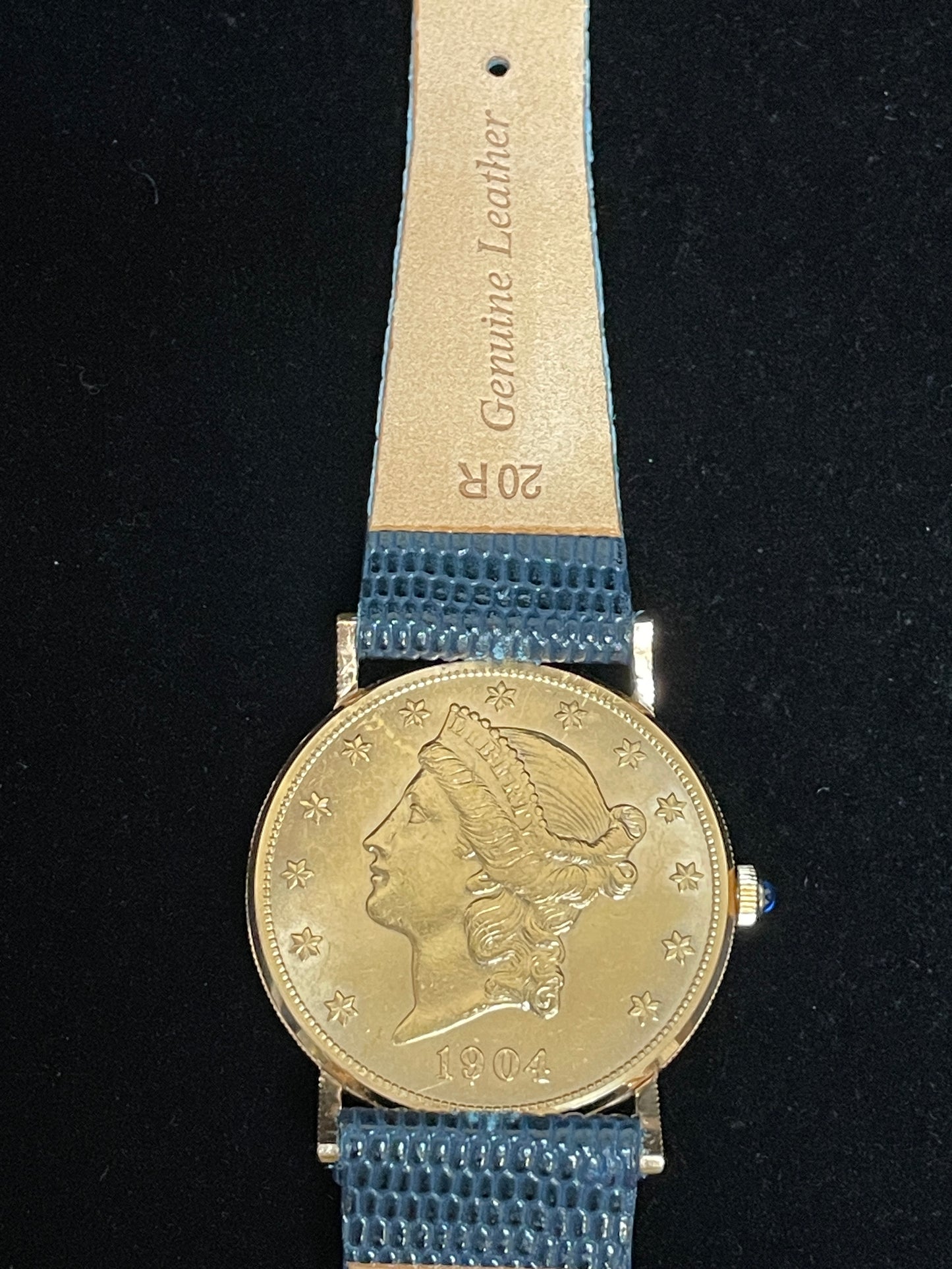 Corum Mens Double Eagle $20 Coin Quartz Yellow Gold Blue Leather Strap 35mm