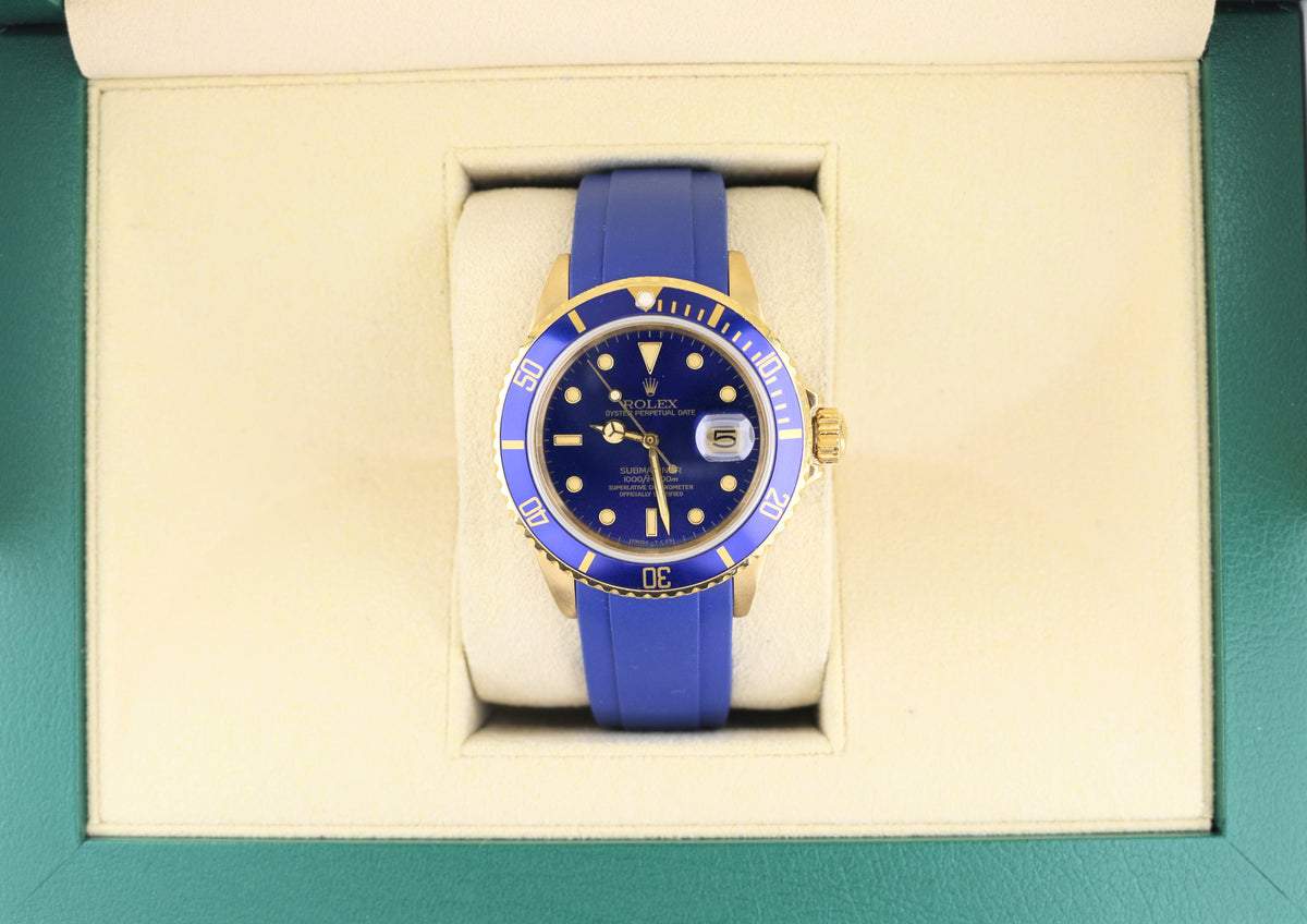 1981 Rolex Submariner 16808 Blue Dial Blue Rubber Strap 18kt Gold No Paper 40mm