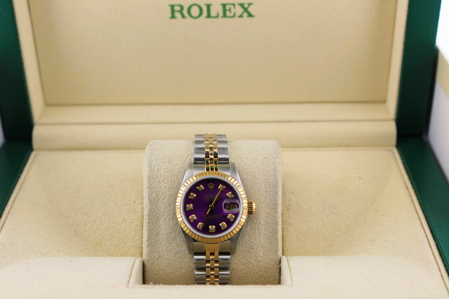 1987 Rolex Ladies Datejust 69173 Purple Diamond Dial TT Jubilee No Papers 26mm