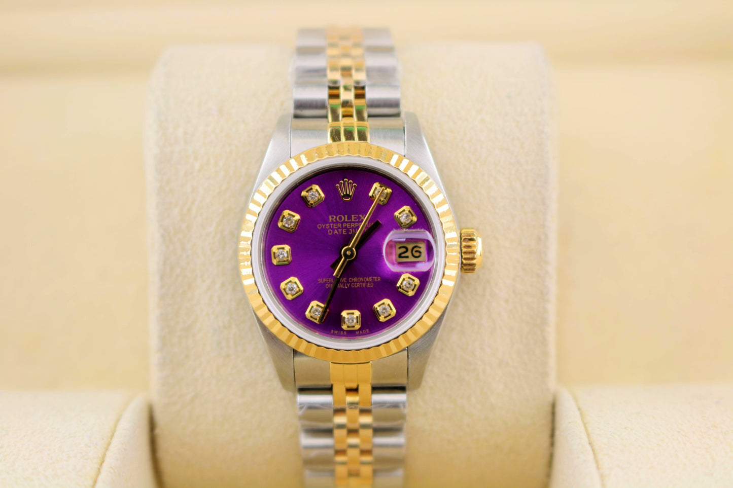 1987 Rolex Ladies Datejust 69173 Purple Diamond Dial TT Jubilee No Papers 26mm