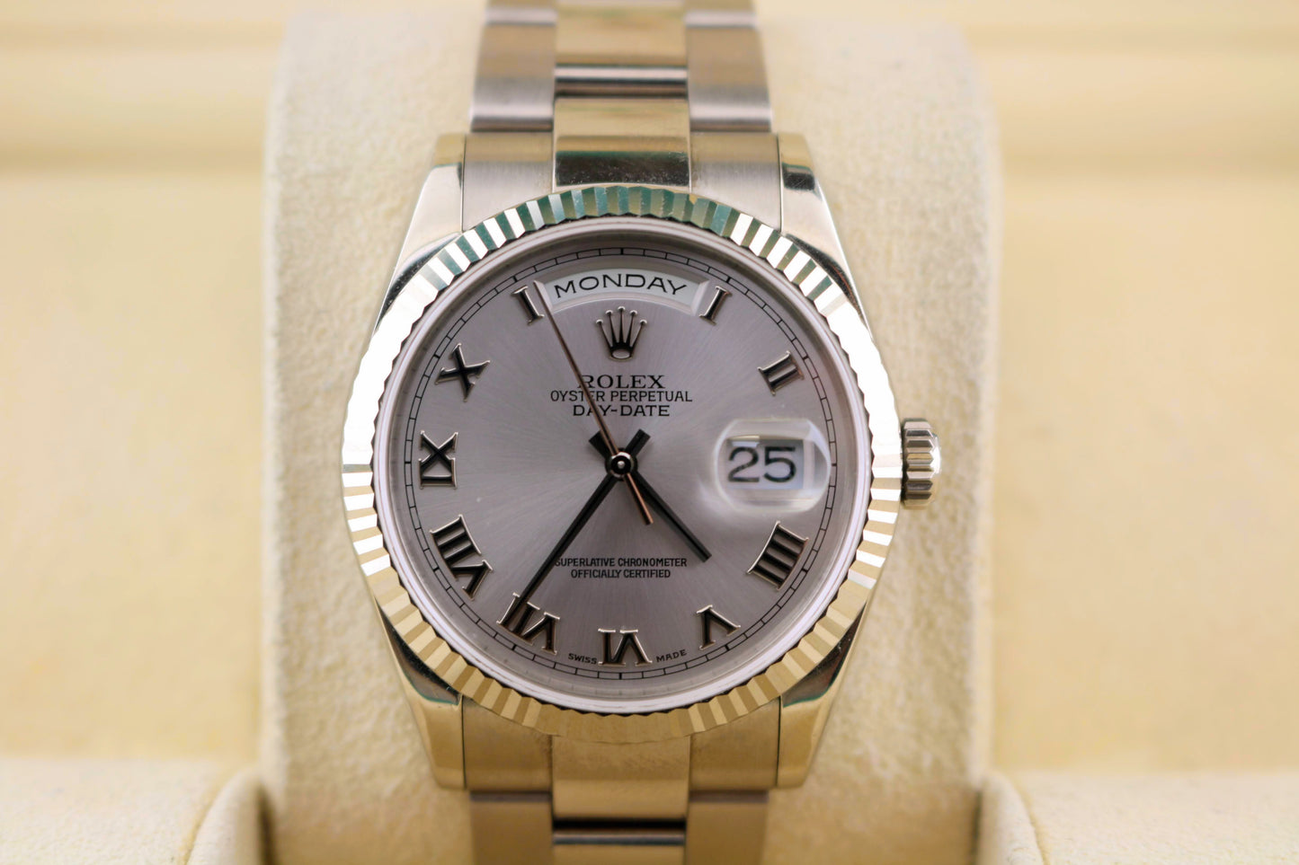 2000 Rolex Day-Date 118239 Silver Roman Dial 18kt WG Oyster No Papers 36mm