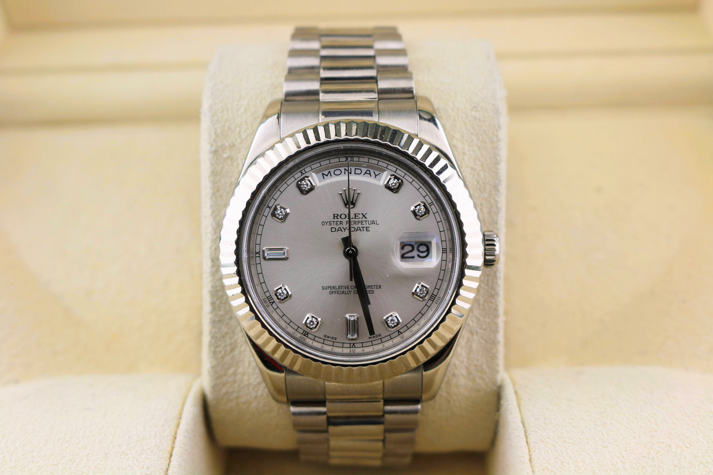 2009 Rolex Day-Date 218239 Silver Diamond Dial White Gold Bracelet No Papers 41m