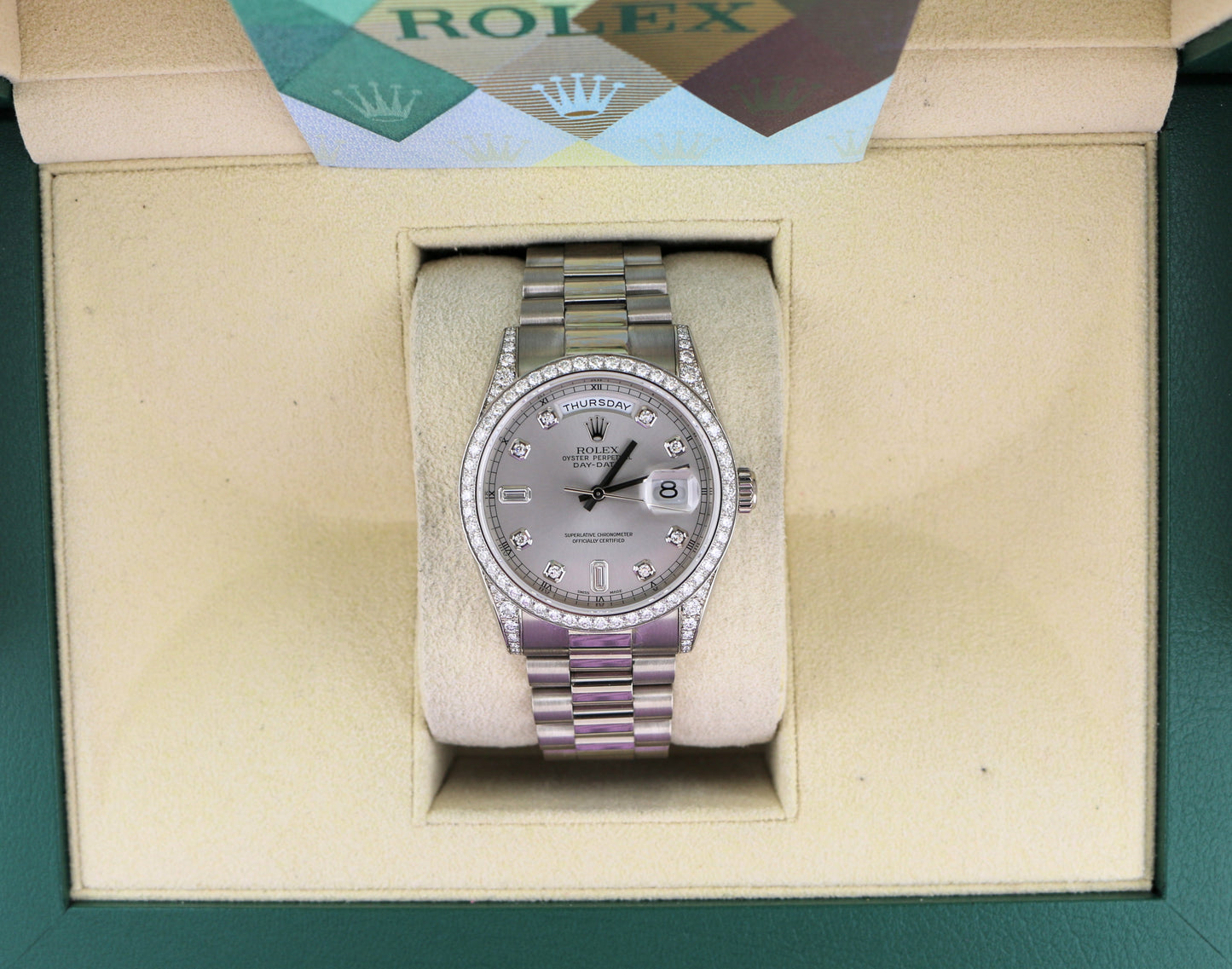 2004 Rolex Day-Date 118389 Rhodium Diamond Dial 18kt WG President W Papers 36mm