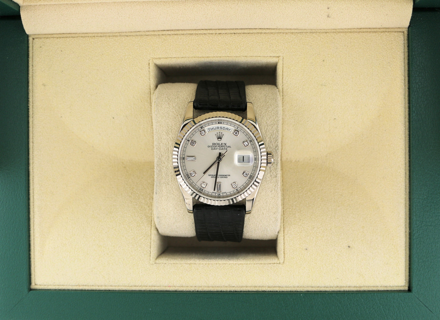2006 Rolex DayDate 118239 Silver Diamond Dial Leather Strap 18kt White Gold 36mm