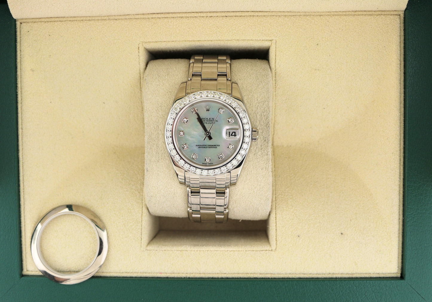 2002 Rolex Ladies 81209 MOP Diamond Dial and Bezel WG 18kt Pearlmaster 34mm