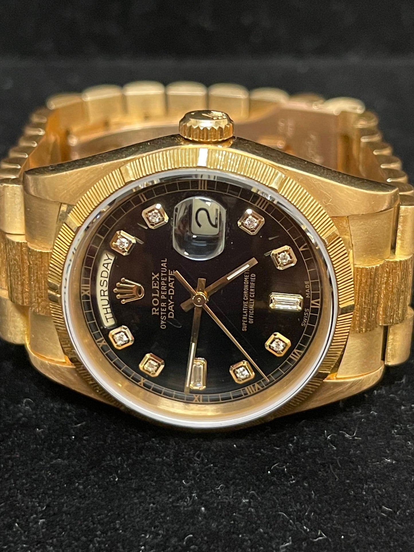 1988 Rolex Day-Date 18248 Black Diamond Dial 18kt Bark President No Papers 36mm