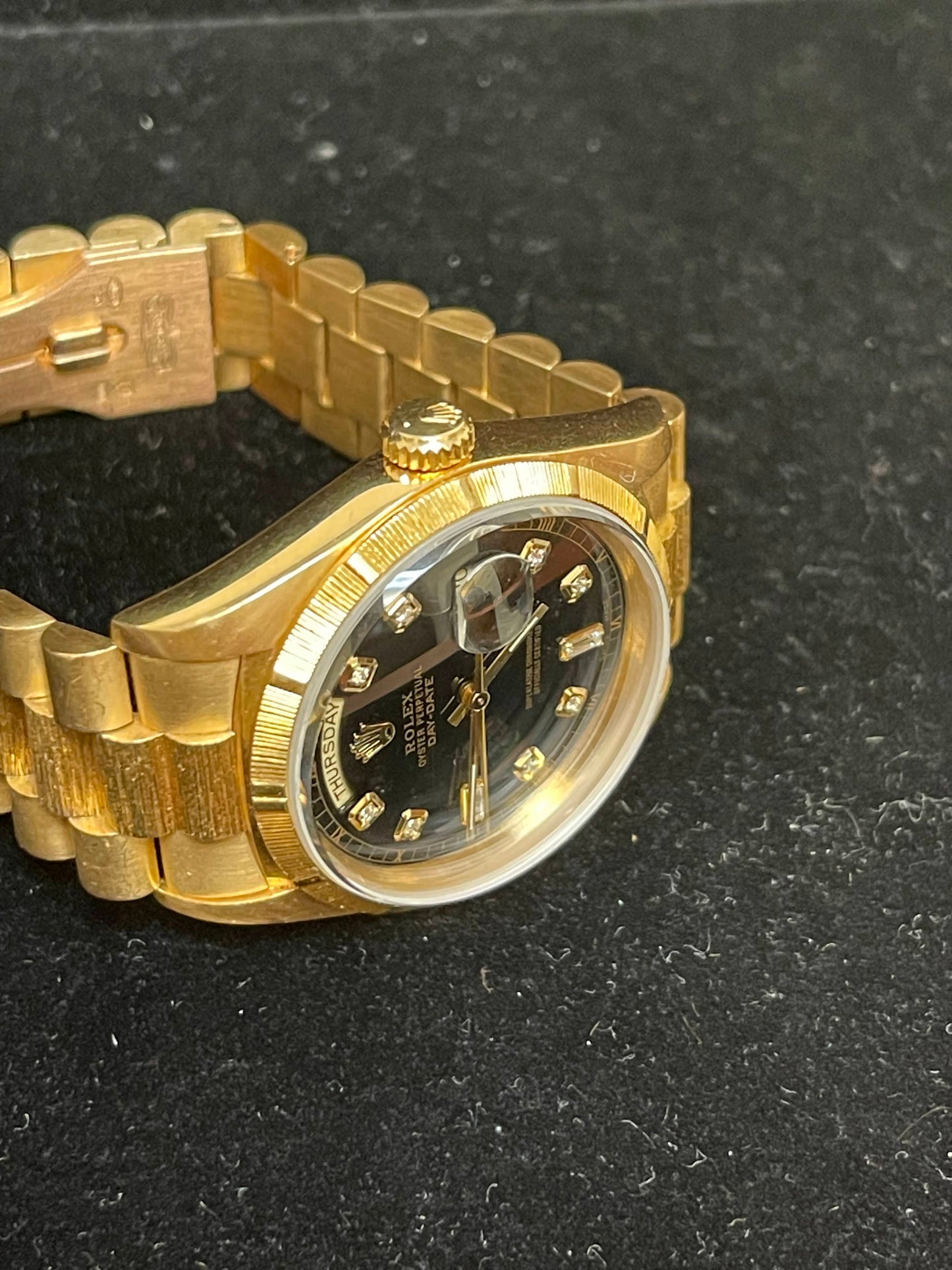 1988 Rolex Day-Date 18248 Black Diamond Dial 18kt Bark President No Papers 36mm