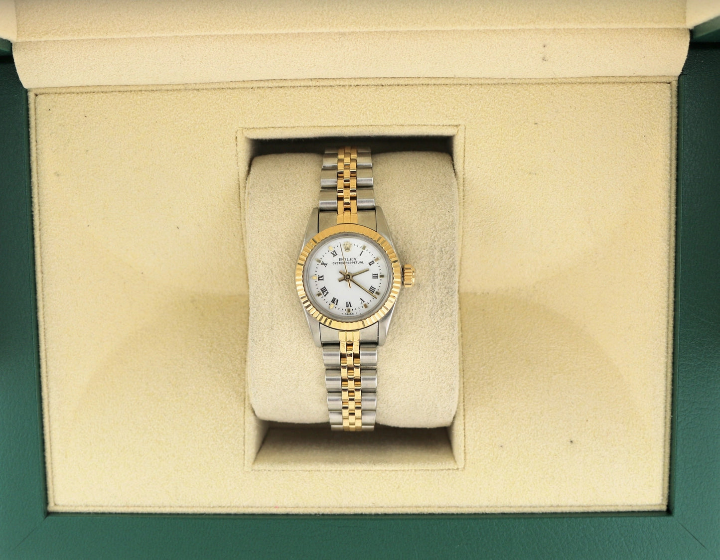 1986 Rolex Ladies Oyster Perpetual 67193 White Roman Dial TT 18kt Jubilee 24mm